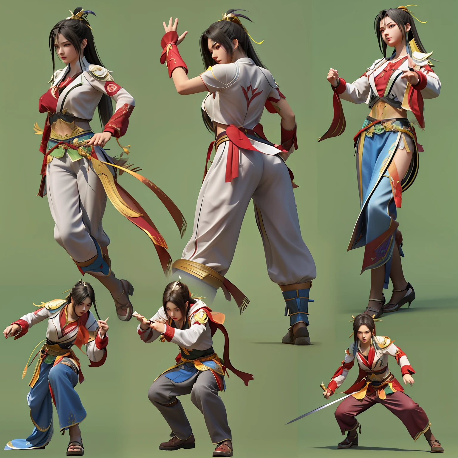 a closeup of a person in various poses with swords, Arte conceitual de personagens 8k, Arte conceitual de personagens 8K, Amazing 8K character concept art, em poses de lutador, personagem de jogo de luta, Ativo do jogo de lutadores, full body action concept art, 3 d render arte do caractere 8 k, Arte conceitual de Feng Zhu, various action poses, Akali