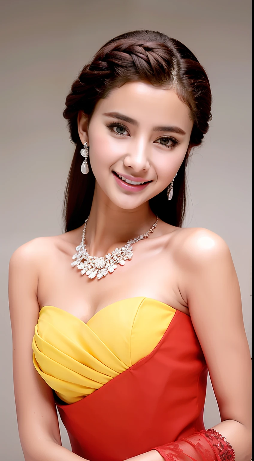 Fashion model 18 years old [[[[closeup cleavage]]]], [[[[boobgasm]]]], [[[[coll]]]], [[[[bshoulders]]]], perfect  eyes, Perfect iris，perfect lips，perfect teeth，Perfect skin，Long face，Soft front light，HDR，long whitr hair，Twist braids，The background is indoors，Red clothes，Green clothes，yellow clothing，（pastel colour：1.2）