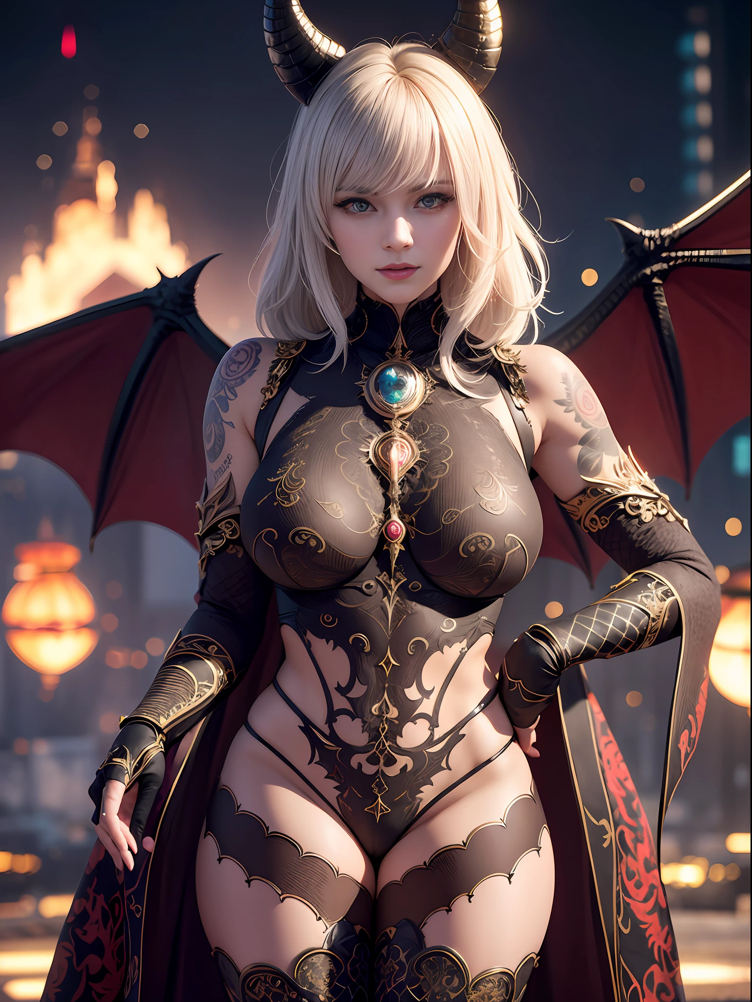 a matural female,Dragon's horn,Bat wings,Tattooed with,eyes glowing,magia,Large breasts,magnificent robe,complex patterns,palaces,(skin indentation:1.5), realisticlying, realisticlying, (Masterpiece:1.5), concept-art, intricately details, highly detailed, realisticlying, rendering by octane, 8K, unreal-engine, dynamicposes, Best quality at best, A high resolution, (photorealiscic face:1.1), (Hyper-realistic:1.1), perfect eyes,(shiny skins:1.2), Radiant force, smog, magia, ((Dramatic)), Epic, battlefiled, depth of fields, Background bokeh, 4K, ashes, Particle,