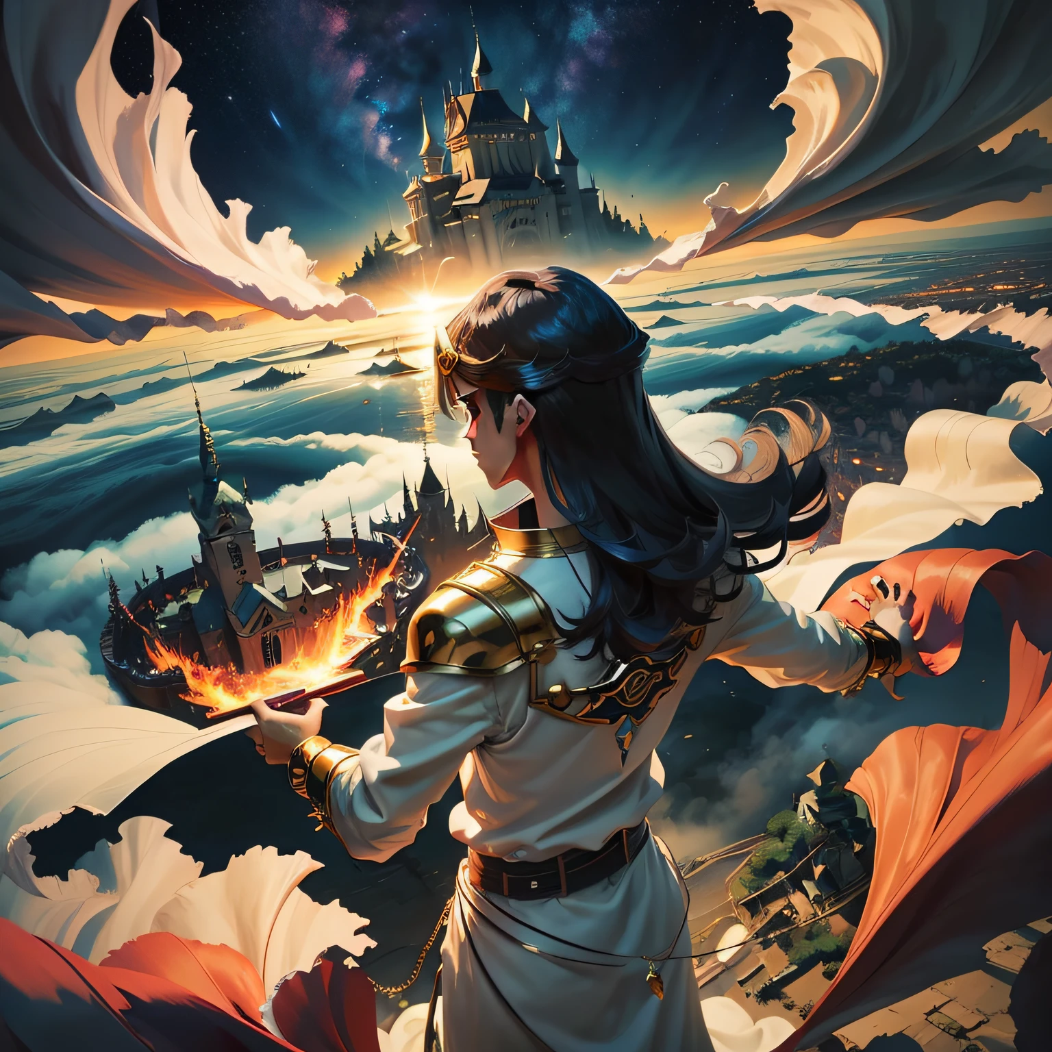 Subject description：A Yu-Gi-Oh duelist in a gorgeous cape，A grand duel is unfolding，Fierce battles。

Environment scenes：In painting，Yu-Gi-Oh Duelist stands at the top of the towering castle，Surrounded by magnificent vistas，In the distance there are mountains and a sea of clouds，The sky is filled with mysterious and dynamic light。

art-style：OilPaintStyle，Inspired by the work of the impressionist artist Monet，Highlight the change of light and shadow on the Yu-Gi-Oh Duelist，Creates a soft and dreamy effect。

Media materials：oil painting

Camera perspective：two point perspective，The observer angle is located on a small hill next to the castle，Get a panoramic view of the Yu-Gi-Oh Duelist at the top of the castle。

Definition of artwork accuracy：high high quality、super detailing、A high resolution、The size ratio is 16:9