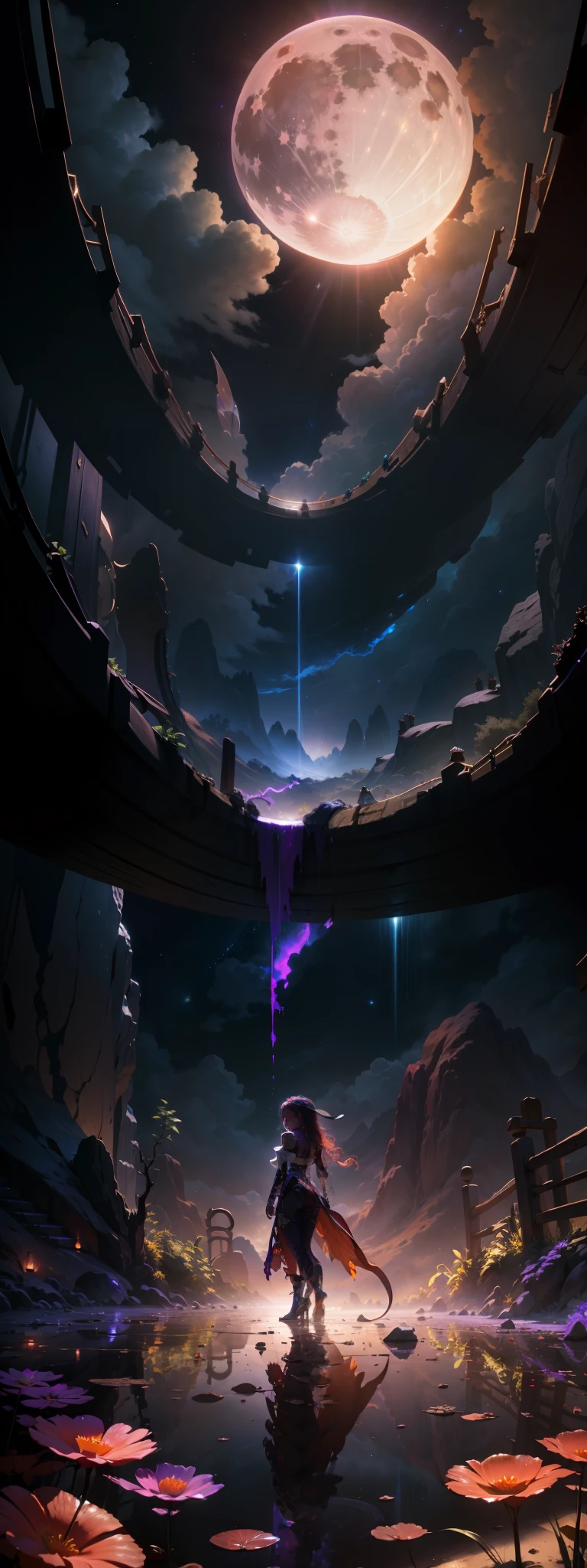 expansive landscape photograph , (a view from below that shows sky above and open field below), a girl standing on flower field looking up, (full moon:1.2), ( shooting stars:0.9), (nebula:1.3), distant mountain, tree BREAK
production art, (warm light source:1.2), (Firefly:1.2), lamp, lot of purple and orange, intricate details, volumetric lighting, realism BREAK
(masterpiece:1.2), (best quality), 4k, ultra-detailed, (dynamic composition:1.4), highly detailed, colorful details,( iridescent colors:1.2), (glowing lighting, atmospheric lighting), dreamy, magical, (solo:1.2)