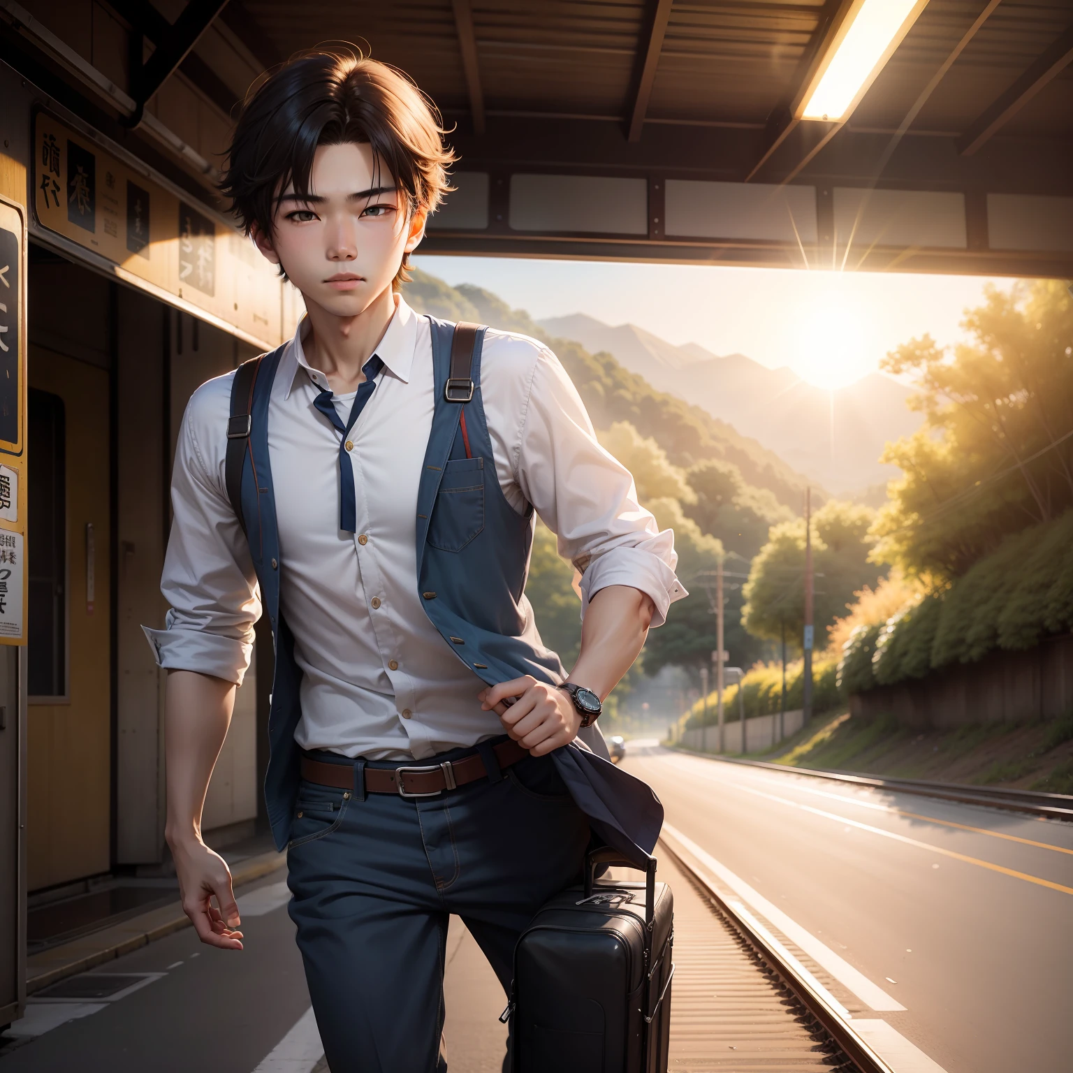 校服,17-year-old boy,locomotive,Galloping on the road,Lunette de soleil