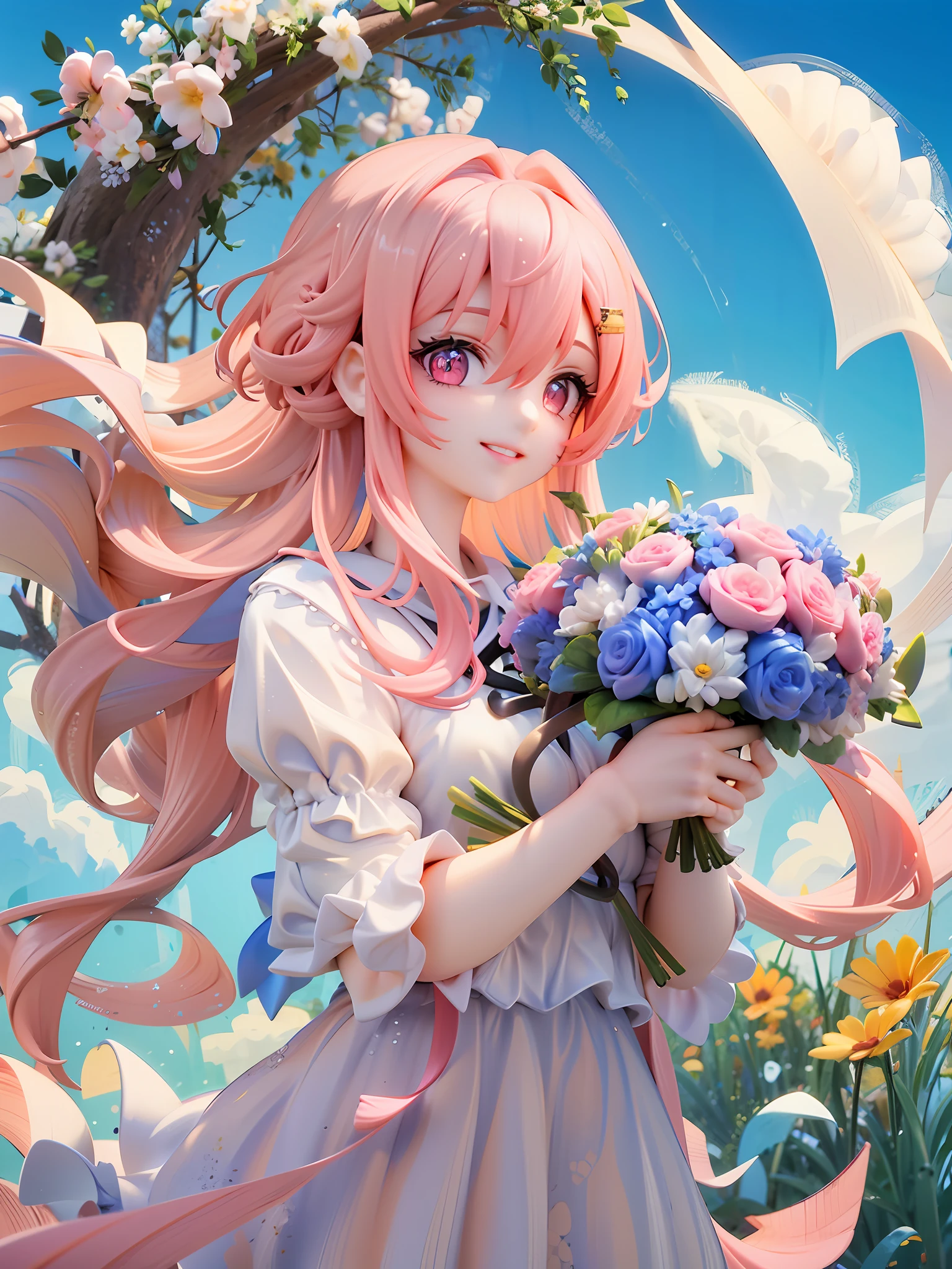 1girl, pink hair, long hair, pink eyes, beautiful eyes, smile, happy, white dress, bouquet, holding with both hands, upper body, on grassland, blue sky