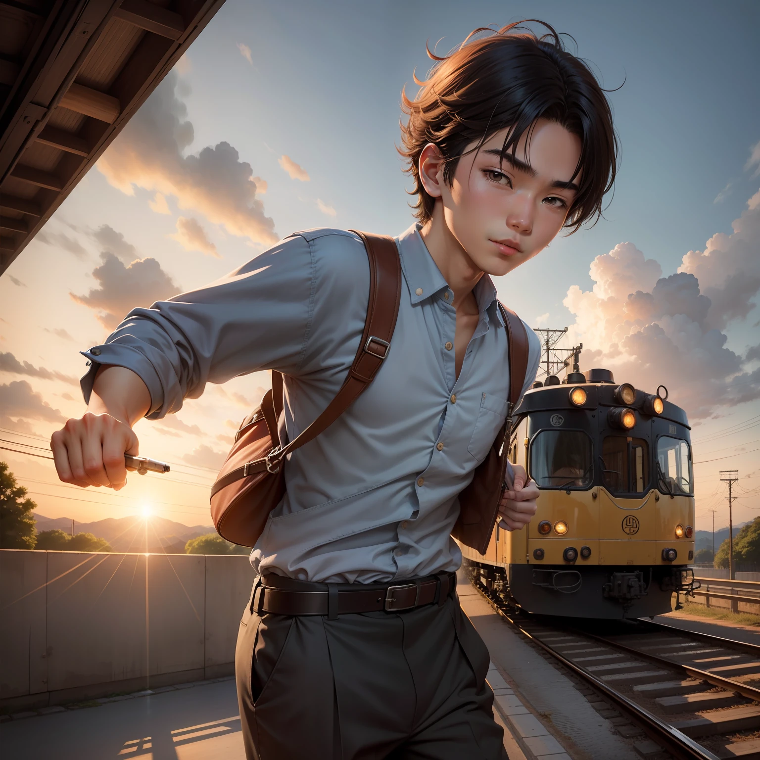 校服，17-year-old boy，locomotive，Galloping on the road，Lunette de soleil