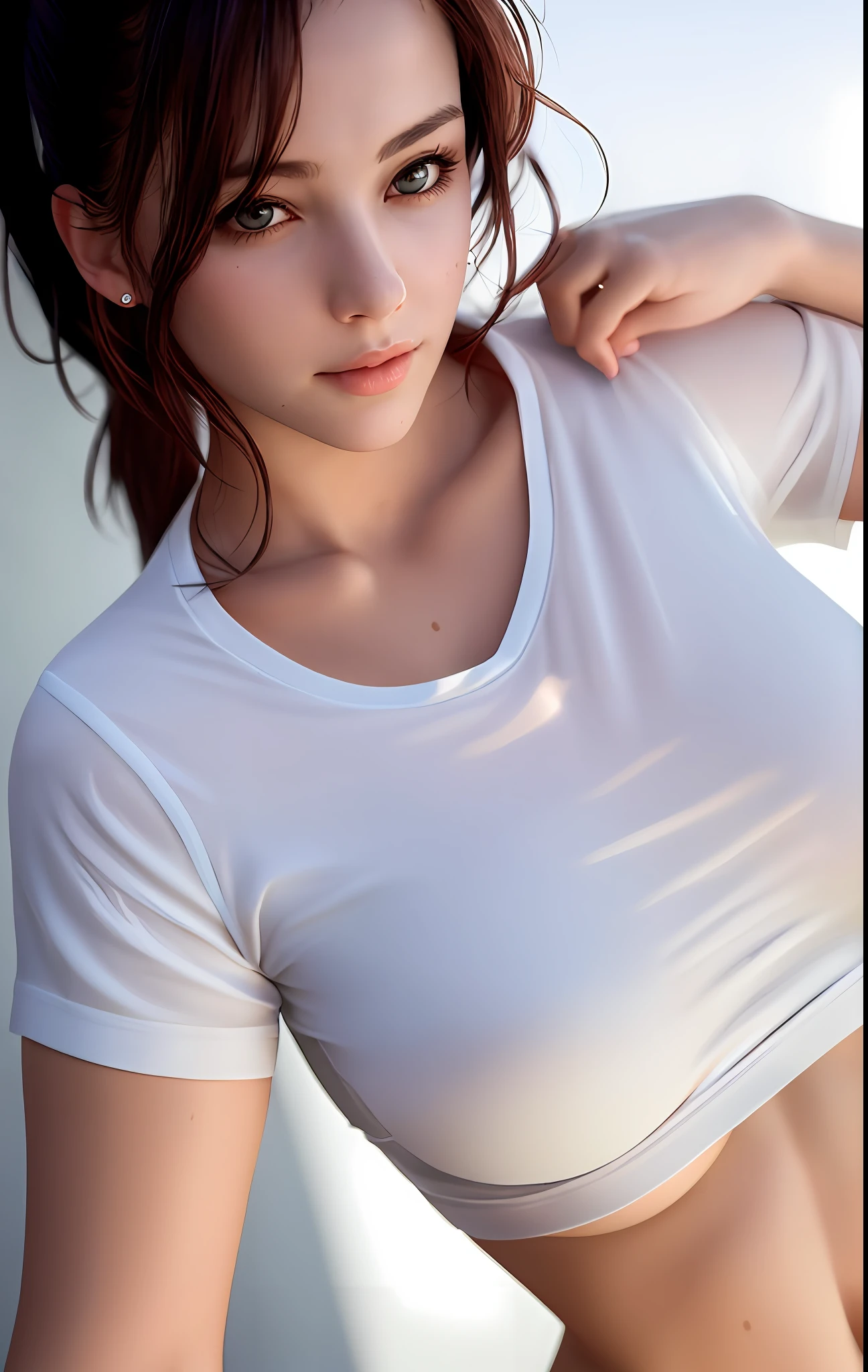 best quality, masterpiece, high_res, 1girl, Beautiful face, (photo realistic:1.3), rim lighting, (high detailed skin:1.2), 8k uhd, dslr, high quality, high resolution, 4k, 8k, Bokeh, medium breasts, absurdres, ponytail contorted, best ratio four finger and one thumb, drenched shirt, drenched chest, drenched body, soaked shirt, no bra, (realistic:1.2), white gym uniform, backlighting, highly detailed, lying, from above,