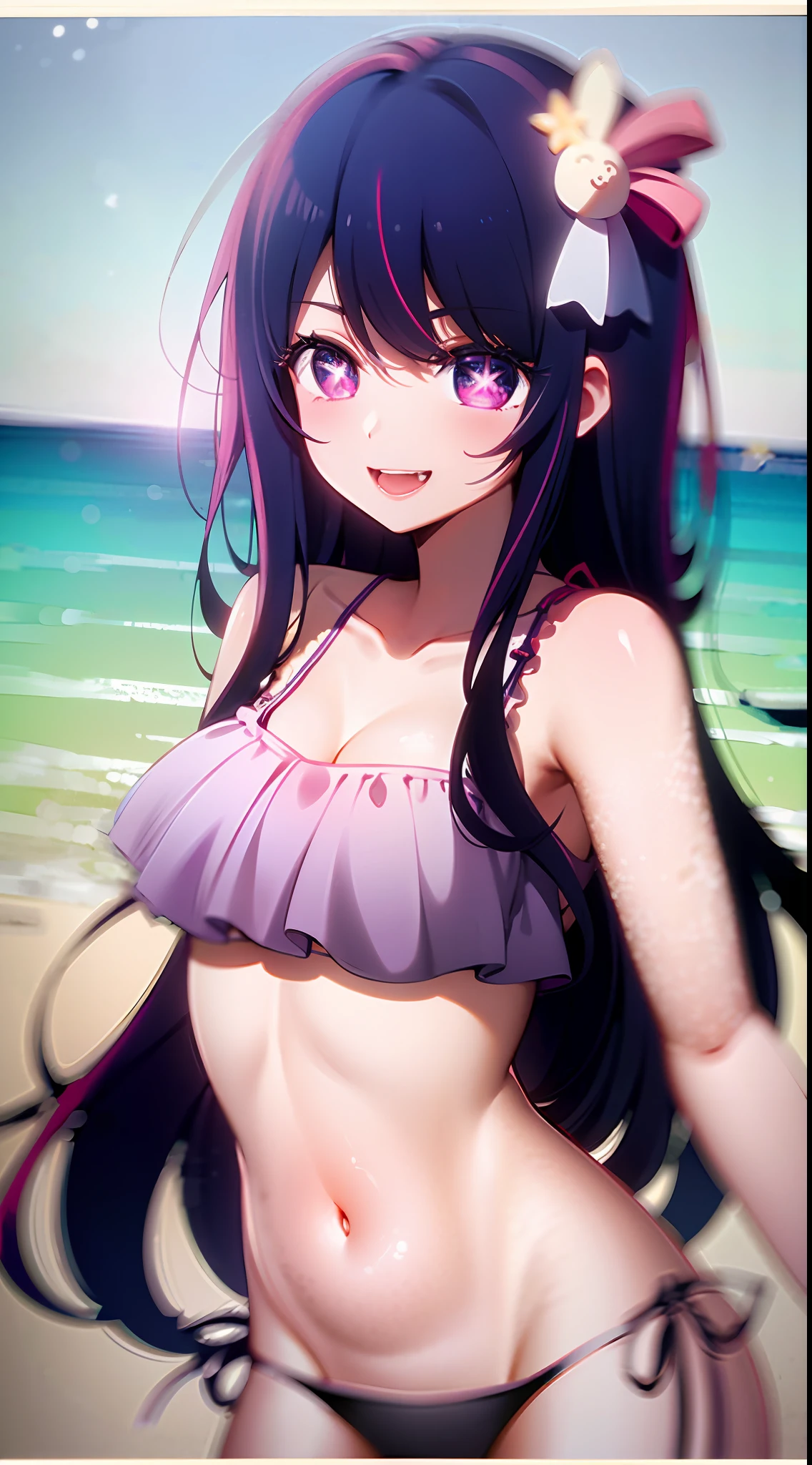 Hoshino Ai, long hair, purple hair, streaked hair ,purple eyes, star-shaped pupils, hair ornament,one-girl,(Frilled swimsuit),Exposing the abdomen,happy grin,beachside,sea beach,midsummer,Songkran art,best qualtiy, tmasterpiece, 超高分辨率,Perfect light and shadow,Delicate