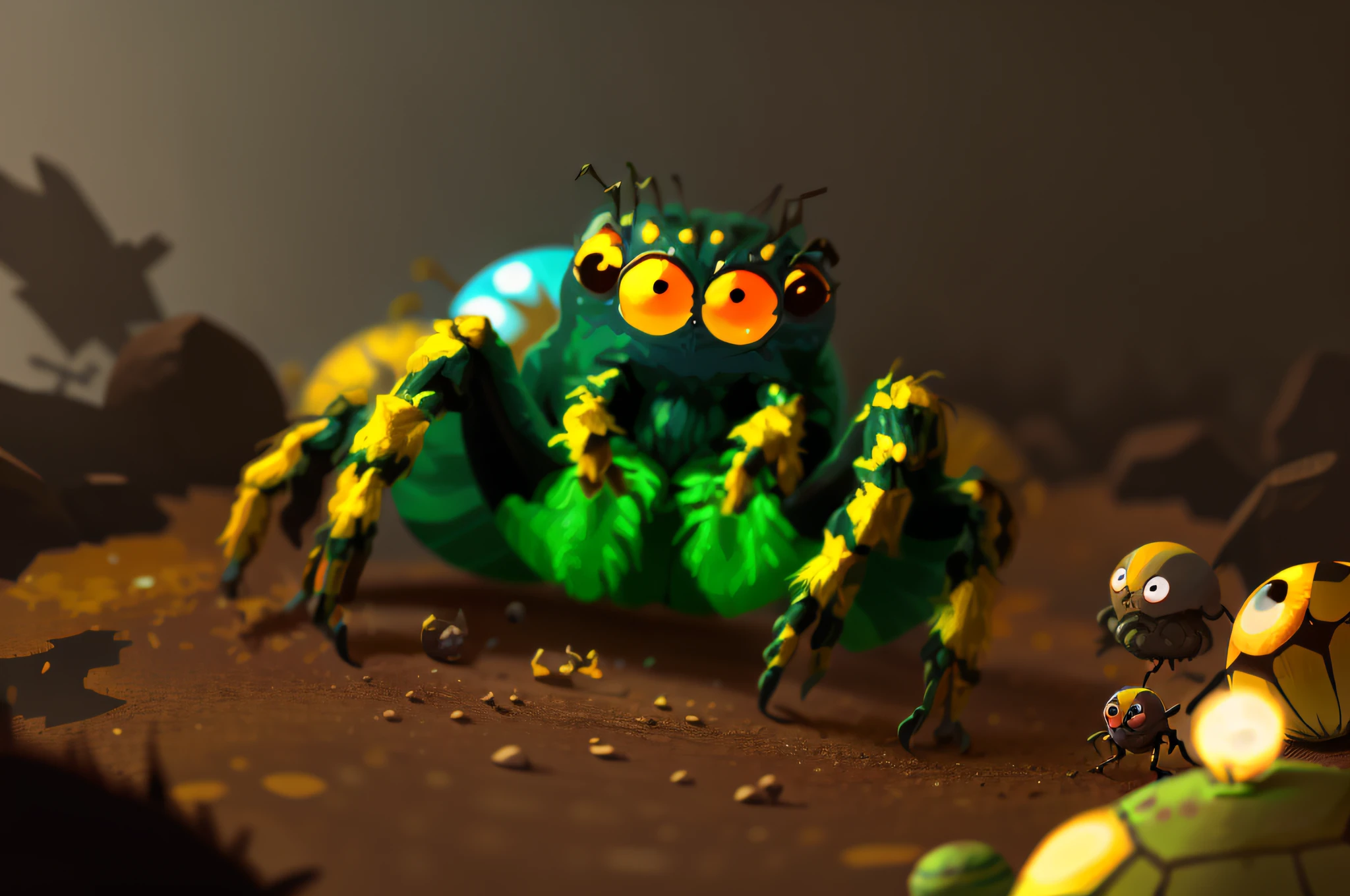 A jumping spider，arachne，Eight eyes，Round eyes，Round head，chubby，shaggy，The background is bright，Bright colors