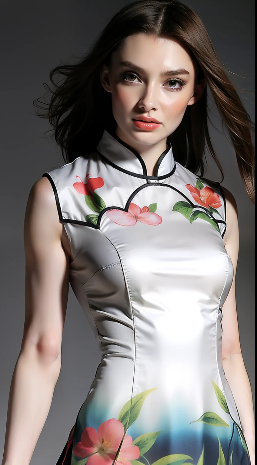 （Hyper Real）， （illustratio）， （A high resolution）， （8K）， （The is very detailed）， （Most Best Illustration）， （美丽细致的眼睛）， （best qualtiy）， （ultra - detailed）， （tmasterpiece）， （the wallpaper）， （详细的脸），white  clothes，Landscape painting cheongsam， 独奏， huge tit， The background is indoors，（camel-toe）