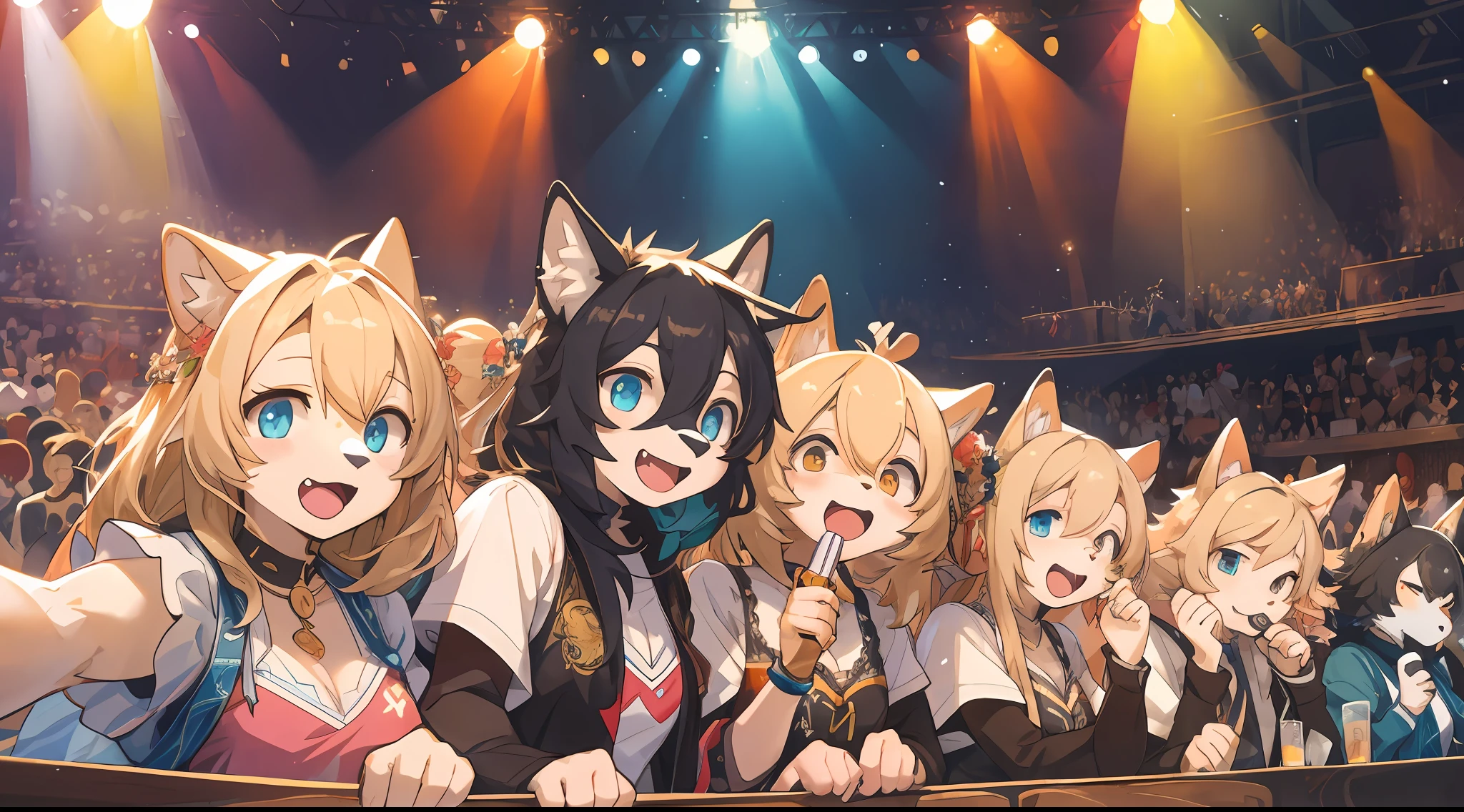top quality, best quality, High-quality illustrations, masterpiece, super high resolution, detailed background, detailed background, Idol concerts, Packed venue, stage, penlight, group shot:0.5, 6+boys, 6+girls, Happy, joyful, absurdres(highly detailed beautiful face and eyes)perfect anatomy(Photos taken with friends)(kemono, furry anthro)selfie:0.5,