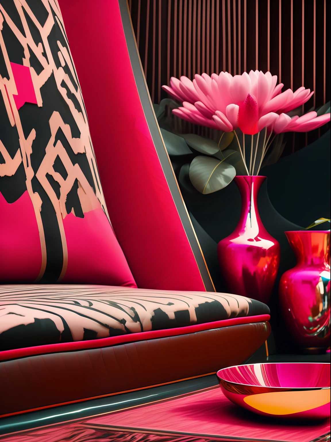 minimalist::1.25 extreme closeup of elegant black luxurious oragnic interior decor with pink accents, cinematic shot