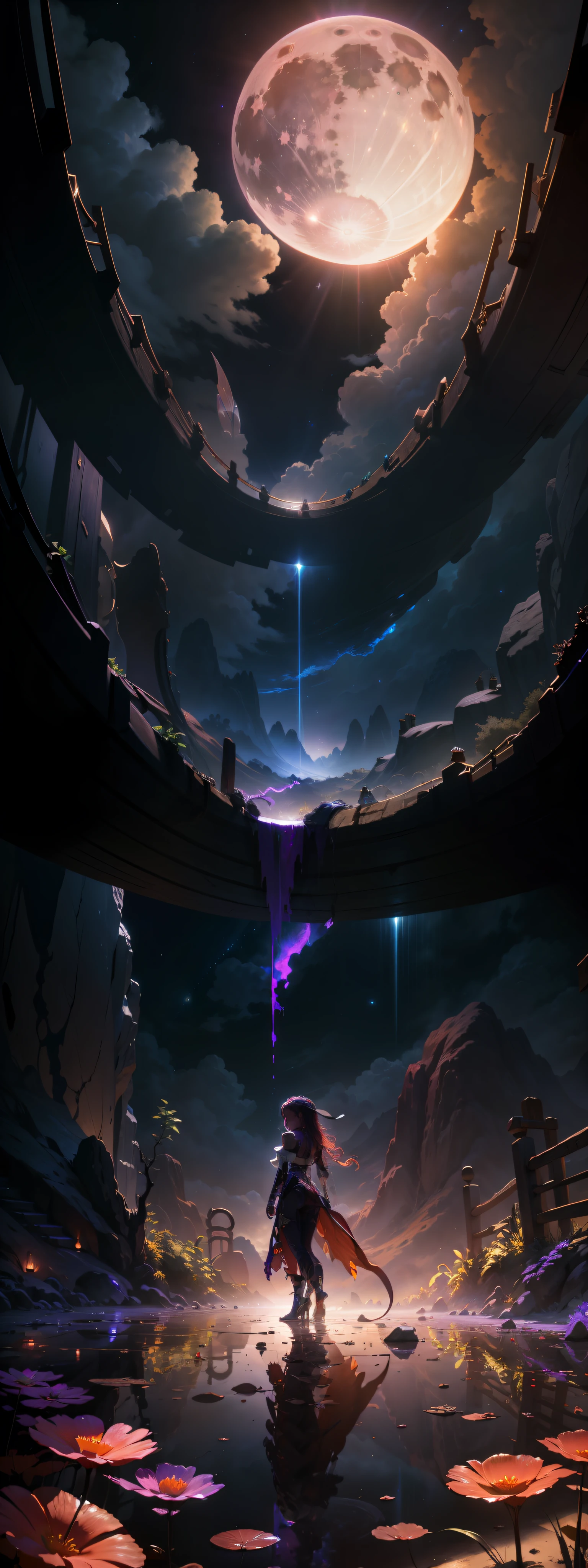 expansive landscape photograph , (a view from below that shows sky above and open field below), a girl standing on flower field looking up, (full moon:1.2), ( shooting stars:0.9), (nebula:1.3), distant mountain, tree BREAK
production art, (warm light source:1.2), (Firefly:1.2), lamp, lot of purple and orange, intricate details, volumetric lighting, realism BREAK
(masterpiece:1.2), (best quality), 4k, ultra-detailed, (dynamic composition:1.4), highly detailed, colorful details,( iridescent colors:1.2), (glowing lighting, atmospheric lighting), dreamy, magical, (solo:1.2)
