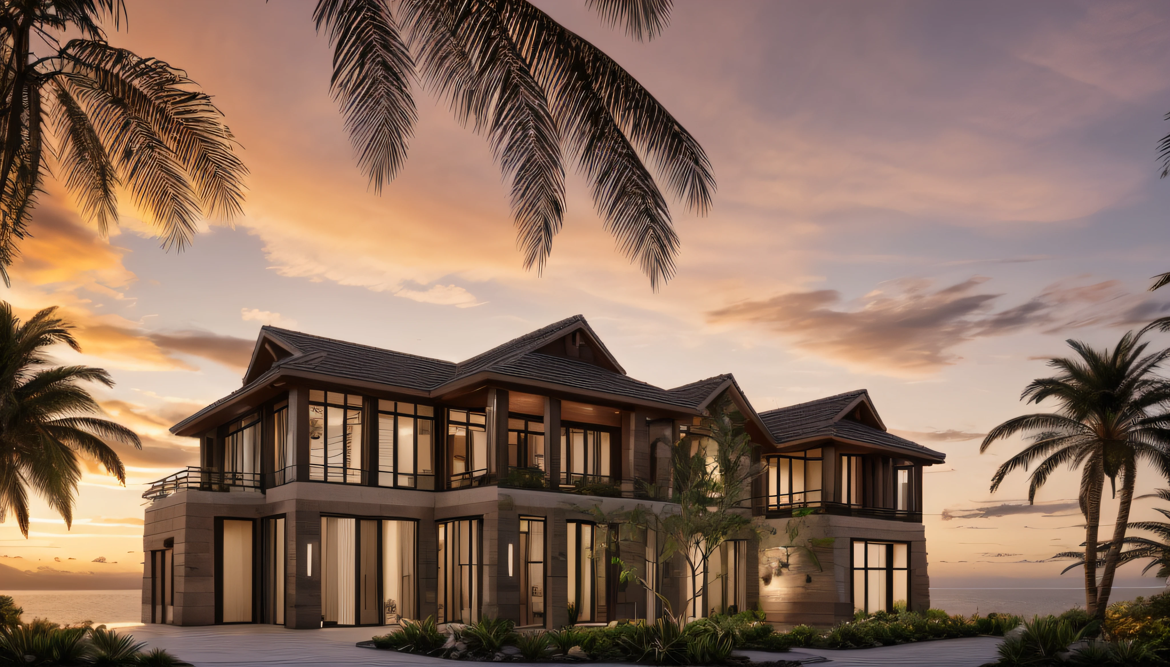 RAW photo,Masterpiece, high quality, best quality, authentic, super detail, exterior, contemporary house with and stone , wooden ceiling, glass windows, railing glass, tropical garden, front lawn, car, sunset lighting, archdaily architecture, high detailed , 8k uhd, dslr, soft lighting, high quality, film grain, Fujifilm XT3, sky beauty, road, grass, palm tree,