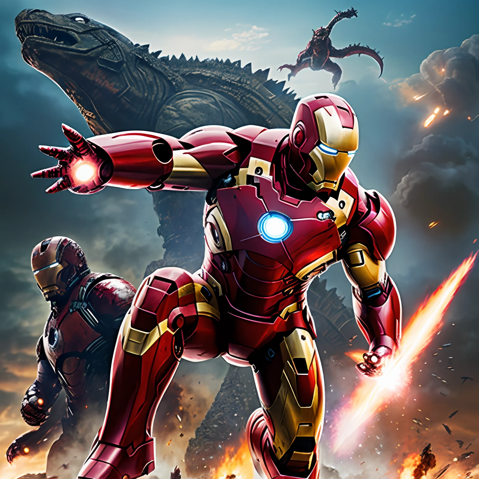 Iron Man hits Godzilla，Steel and metal，The original Iron Man from the Marvel movie。What a texture Godzilla，Will glow，3Drenderingof，ultra - detailed，ultra - detailed --auto