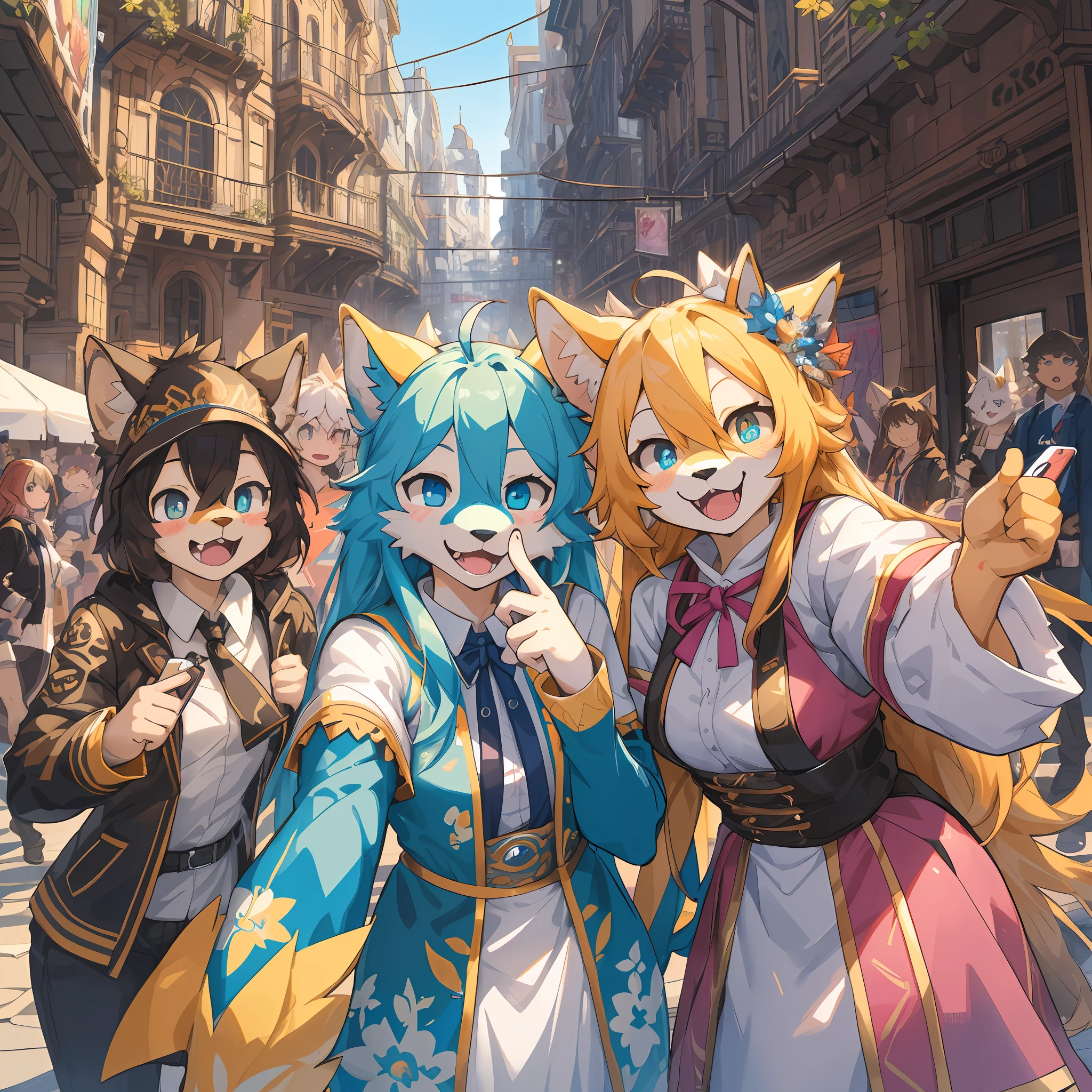 top quality, best quality, High-quality illustrations, masterpiece, super high resolution, detailed background, detailed background, Comiket, Cosplayers, group shot:0.5, 6+boys, 6+girls, Happy, joyful, absurdres(highly detailed beautiful face and eyes)perfect anatomy(Photos taken with friends)(kemono, furry anthro)selfie:0.5,