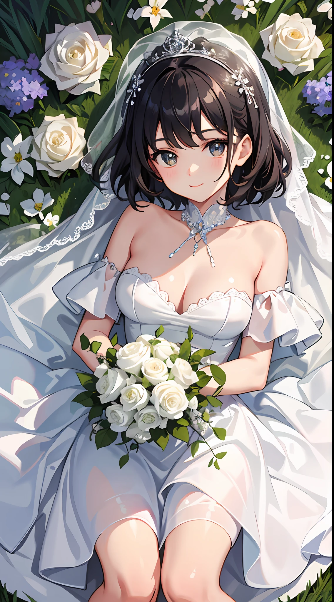 Best quality at best，tmasterpiece，1girll，ars old，white wedding gown，Surrounded by flowers，The upper part of the body，closeup cleavage，with short black hair，(little breast)，grassy fields，big breasts beautiful，looking at viewert，ssmile，white stockings，particle fx，Off-the-shoulder attire，black big eyes，Close-up