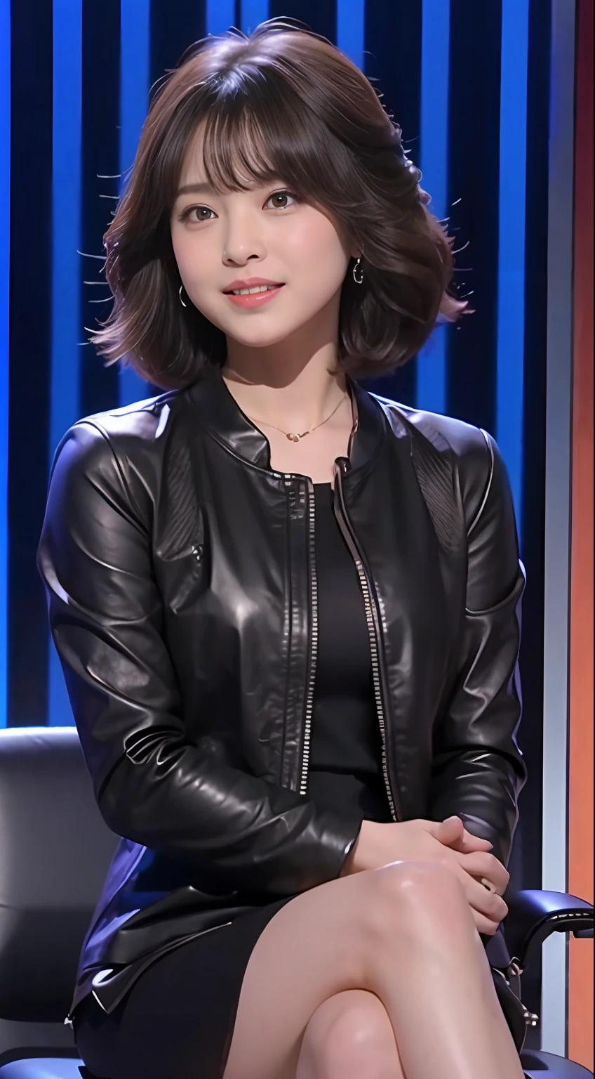 The highest image quality、超A high resolution、1girl in、beautiful countenance、Shorthair､Announcer in leather long-sleeved jacket、Sitting in the studio