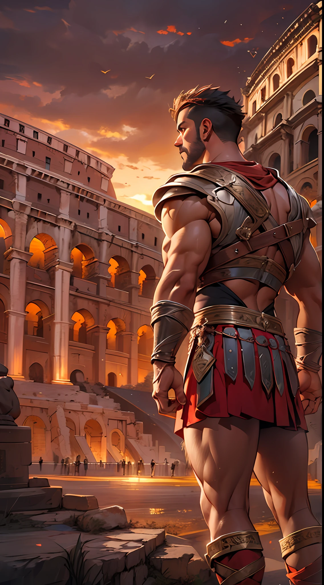 Mighty gladiator, chest uncovered, lower body revealed from thighs to feet, cascading long curls, detailed muscular physique, lifelike depiction, 4K resolution. Background: Colosseum during a spectacular sunset,32k uhd, best quality, masterpiece, super detail, high details