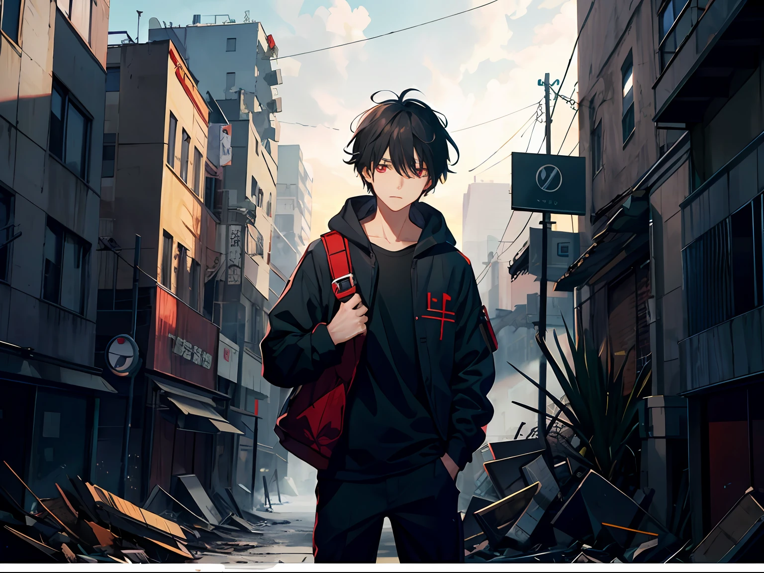 k hd,ultra-detailliert,The illustrations are of high quality,Gray weather,The teenager hugged himself,Red eyes,Dazed expression,Ruined apocalyptic city。