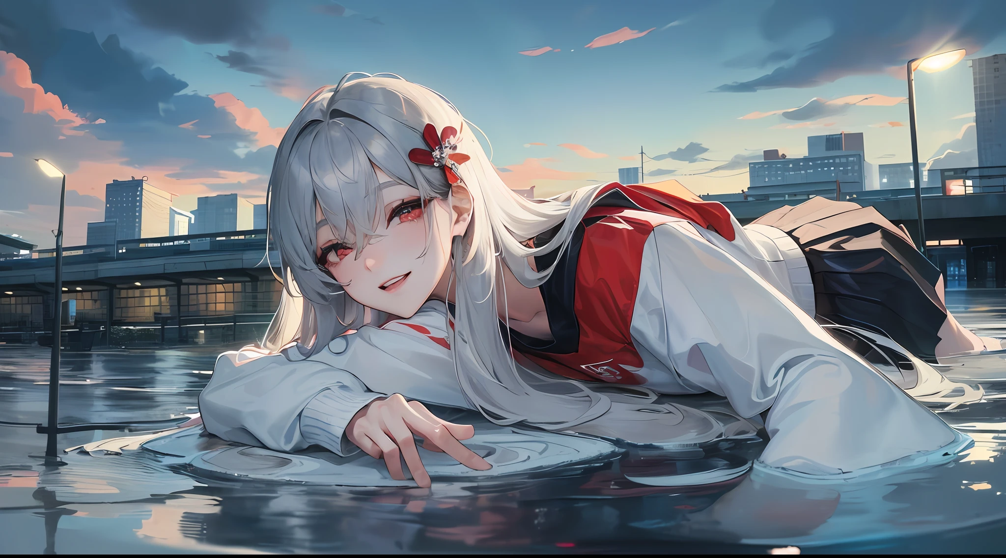 Official Art, masterpiece, Sharp Focus, (Beautiful gorgeous cute korean woman:1.3), (Beautiful cute Korean woman:1.3), Korean beauty, Delicate and beautiful hair and eyes and face, Realistis, A highly detailed, beautiful a girl, blue-sky, (side lights:1.2), sun light, White Clouds, Delicate clouds, Thin, Tooth smile, ((Smile with your eyes, Open your eyes)), landscapes, Long straight hair , (Lying on top of bread:1.2), sexy facial expression, Buildings, (Floodlights:1.7), Dynamic hair, Long straight hair, Detailed gray hair, glowing red eyes, (sweatshirt + white skirt), White long socks, pale-skin, Hair ornaments, epic landscapes ,