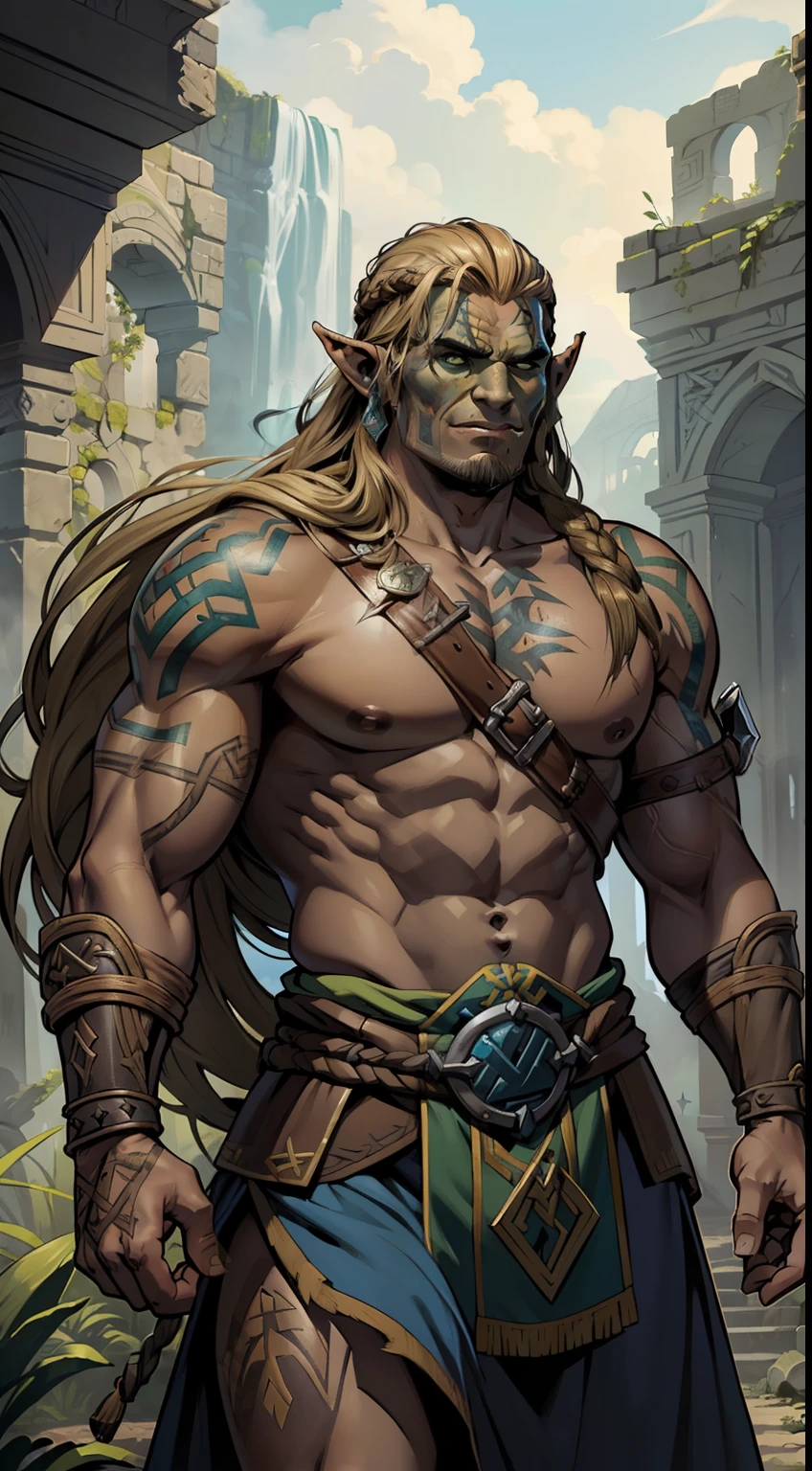 (papel de parede 8k extremamente detalhado:1.2), (melhor qualidade:1.2), (tema aventura e fantasia), perfil (personagem de Paizo Pathfinder RPG e Dungeons & dragons), ((((1orc homem)))), jovem, muito bonito, forte, foco afiado, (subsurface scatter:1.1), fotografia premiada, ((Nordic Viking class :1.3)), ((tiro de meio corpo:1.1)), rosto centrado, expression serious, runic tattoos, pele verde musgo, sardas no rosto, mohawk hair with dark blonde braids, cavanhaque viking, olhos azuis:1.2, sorrindo, wearing Nordic bardic armor, (Before the Mystical Ruins l:1.3), (fundo muito detalhado:1.2), lighting dramatic