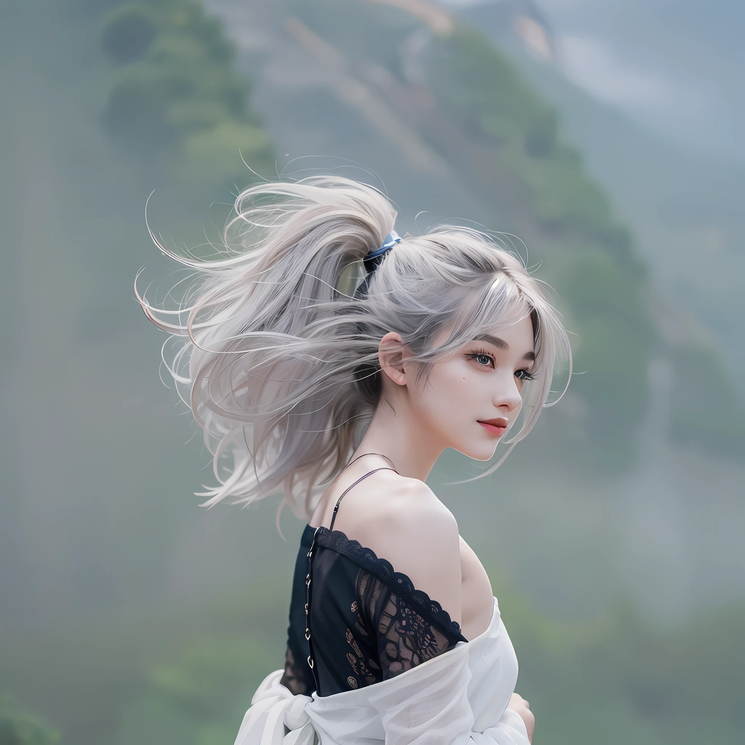 Scene portrait、Beautiful skins、Beautiful eyelashes、high-level image quality、carismatic、Darker lighting、Silvery hair、Hair swaying in the wind、short cut、Posterior hair、poneyTail、A slight smil、Show your whole body、all around 20 years old、Ren Hao、