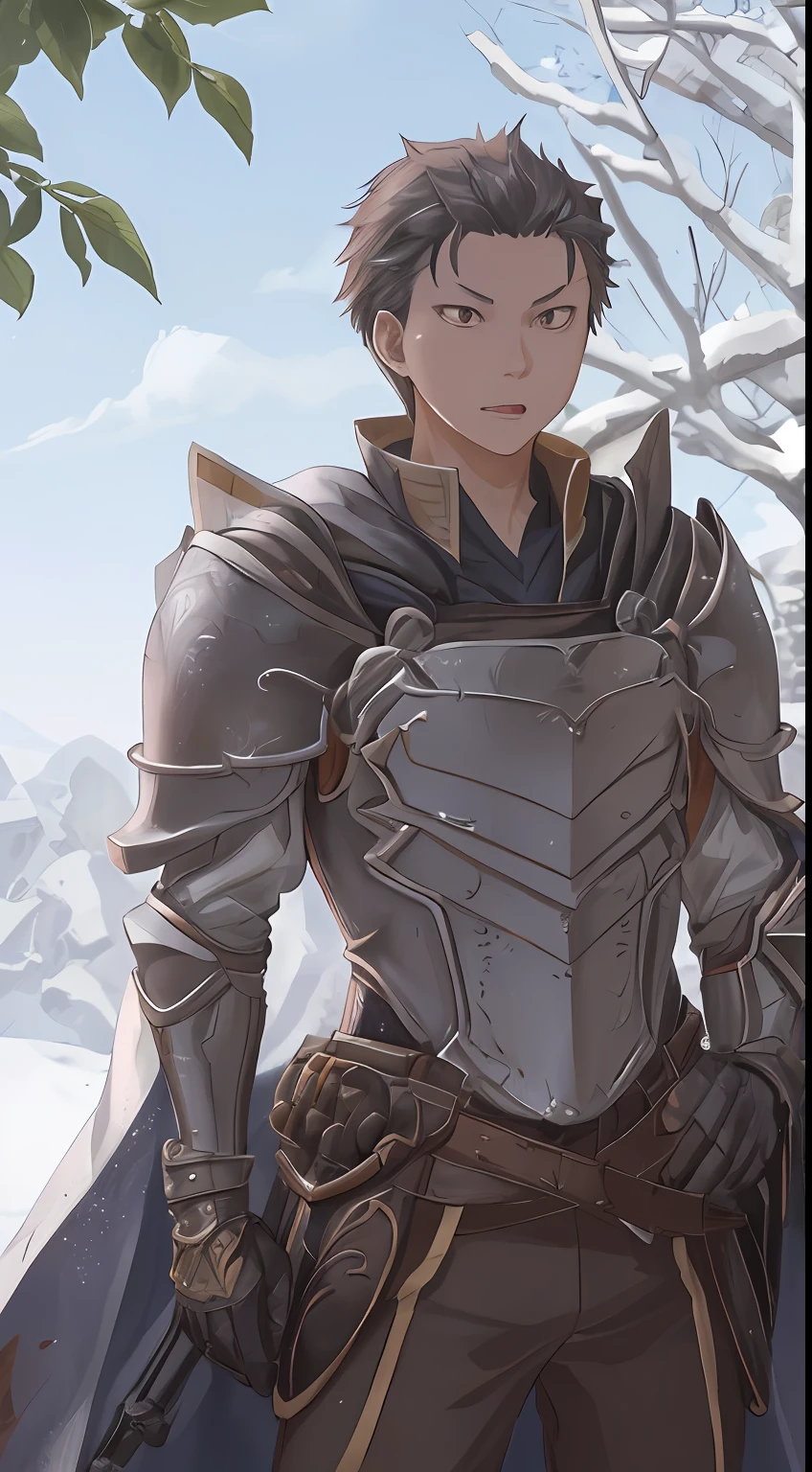 （1 Adult male），A high resolution， Sharp focus， Pixiv masterpiece， （（Complicated details））， highly  detailed， natsuki_subaru， 1 man， with her mouth open，drools，full bodyesbian， Golden eyes（eyes glowing）， with short white hair，Armour，cloaks，Shoulder armor，perspire，look from down