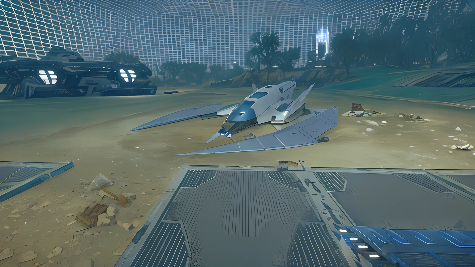 There is a spaceship sitting on the ground, landed spaceship in background, spaceship in background, spaceship in a dry river bed, starship in background, spaceship in background, Crashed spaceship!!, v wing, Game hit, Unmanned Skyship, reaver drone, a ancient crashed spaceship, detailed crash space ship, parked spaceships, alien exotic