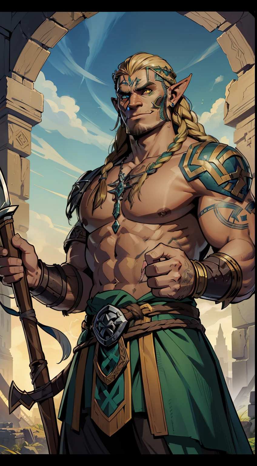 (papel de parede 8k extremamente detalhado:1.2), (melhor qualidade:1.2), (tema aventura e fantasia), perfil (personagem de Paizo Pathfinder RPG e Dungeons & dragons), ((((1orc homem)))), jovem, muito bonito, forte, foco afiado, (subsurface scatter:1.1), fotografia premiada, ((Nordic Viking class :1.3)), ((tiro de meio corpo:1.1)), rosto centrado, expression serious, runic tattoos, pele verde musgo, sardas no rosto, mohawk hair with dark blonde braids, cavanhaque viking, olhos azuis:1.2, sorrindo, wearing Nordic bardic armor, (Before the Mystical Ruins l:1.3), (fundo muito detalhado:1.2), lighting dramatic