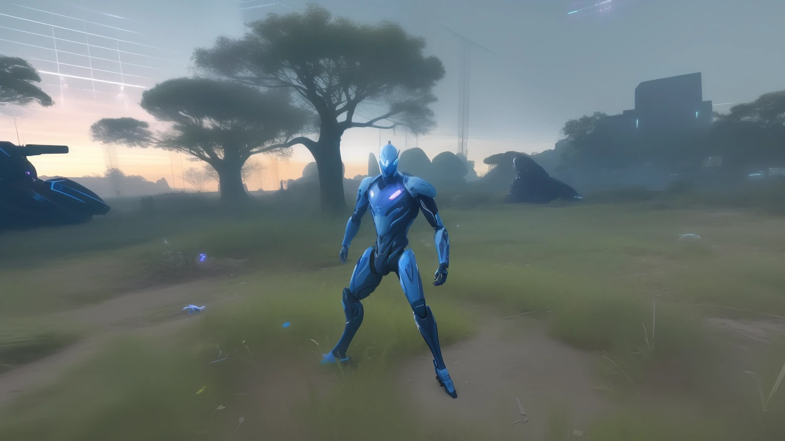 There was a man standing in the field with a gun, detailed warframe, discarded mechsuit in background, cybernetic and highly detailed, next to some alien plants, Vivic Robot, clothed in ethereal battle armor, crysis nanosuit, guyver style, thick smooth warframe legs, in game capture 3d render, sleek purple armor