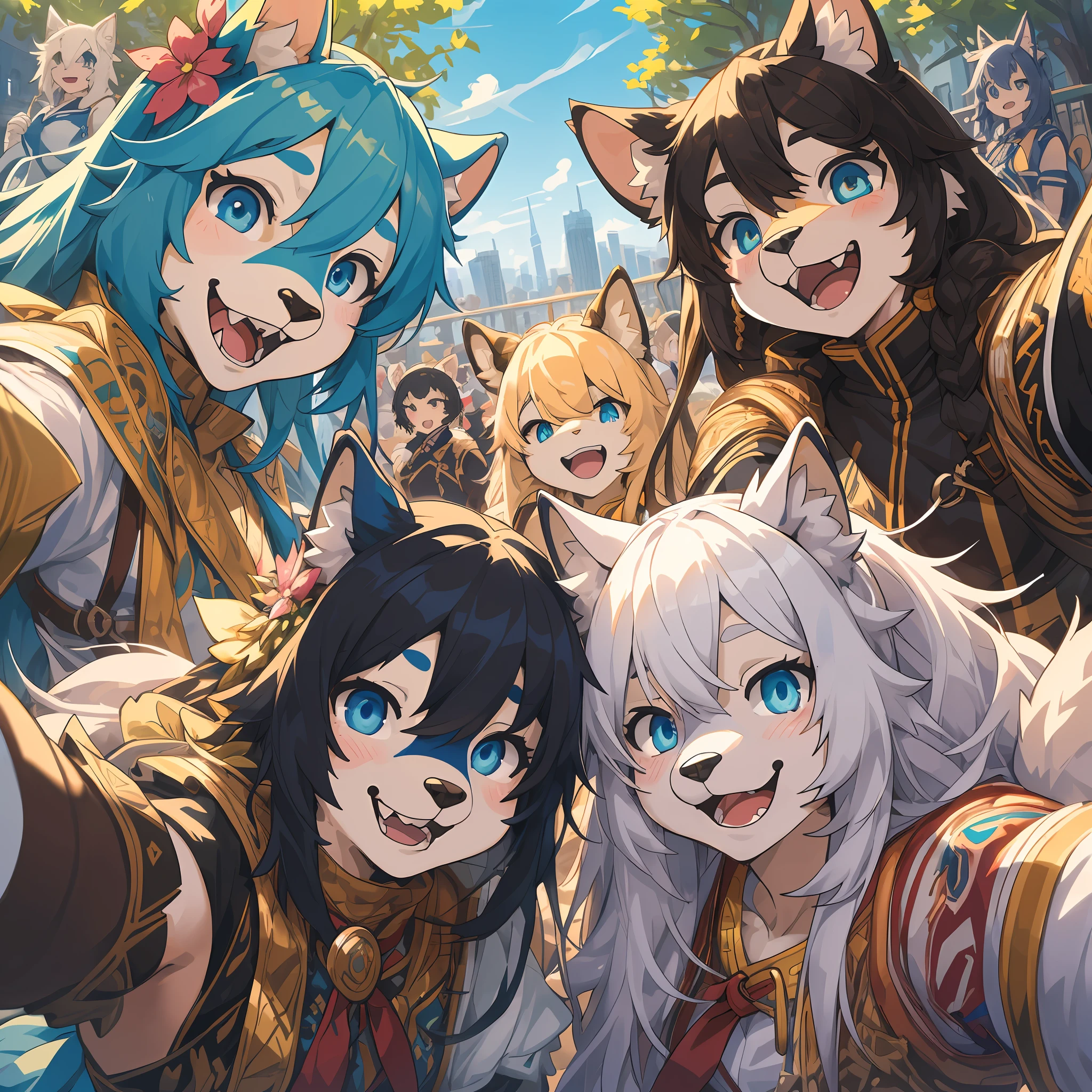 top quality, best quality, High-quality illustrations, masterpiece, super high resolution, detailed background, detailed background, Comiket, Cosplayers, group shot:0.5, 6+boys, 6+girls, Happy, joyful, absurdres(highly detailed beautiful face and eyes)perfect anatomy(Photos taken with friends)(kemono, furry anthro)selfie:0.5,