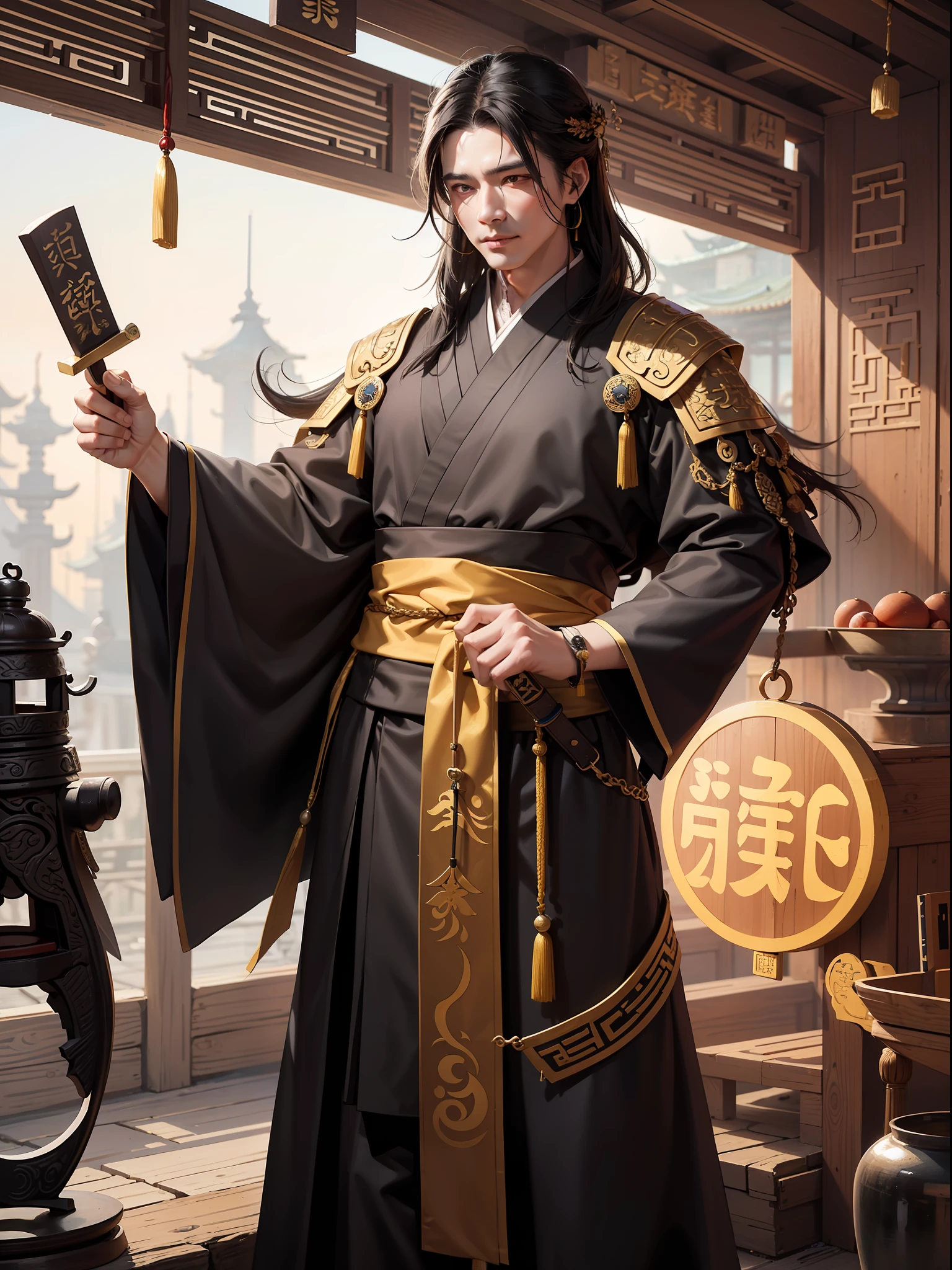 An 8K best quality masterpiece,Inspired by Wu Daozi,Gray robe Han Taoist costume ancient Chinese Taoist,The clothes have a gossip pattern on the chest。middle aged man,Laughed lewdly,Holding a yellow talisman in his hand,On his waist was a mahogany sword。