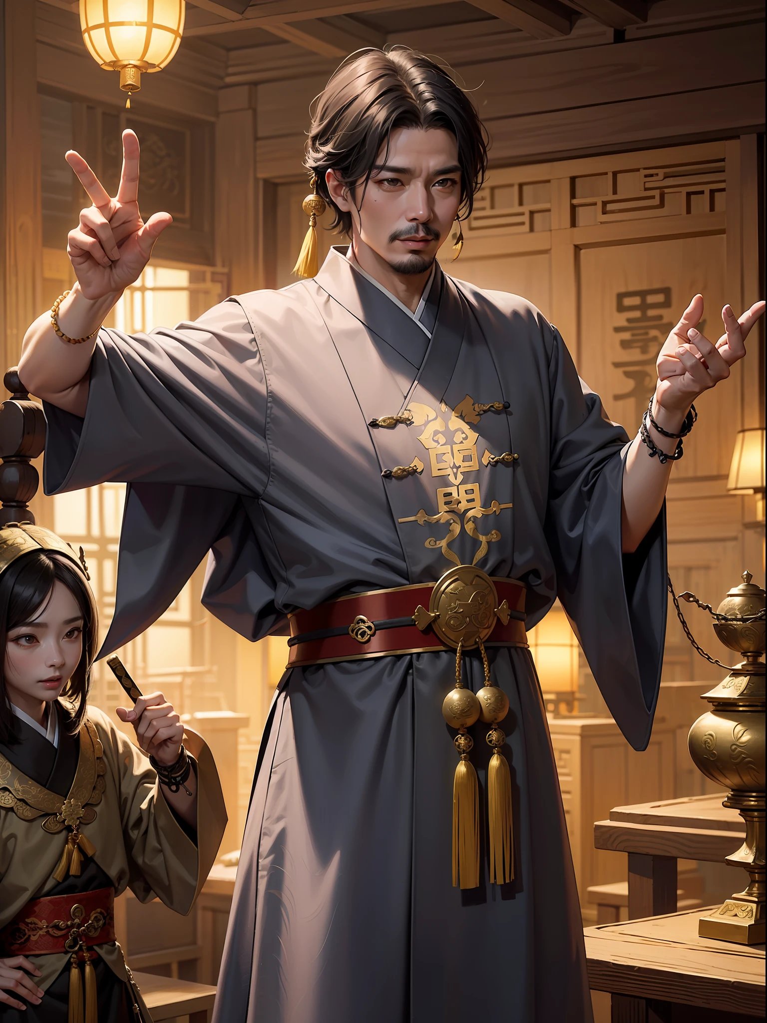 An 8K best quality masterpiece，Inspired by Wu Daozi，Gray robe Han Taoist costume ancient Chinese Taoist，The clothes have a gossip pattern on the chest。middle aged man，Laughed lewdly，Holding a yellow talisman in his hand，On his waist was a mahogany sword。