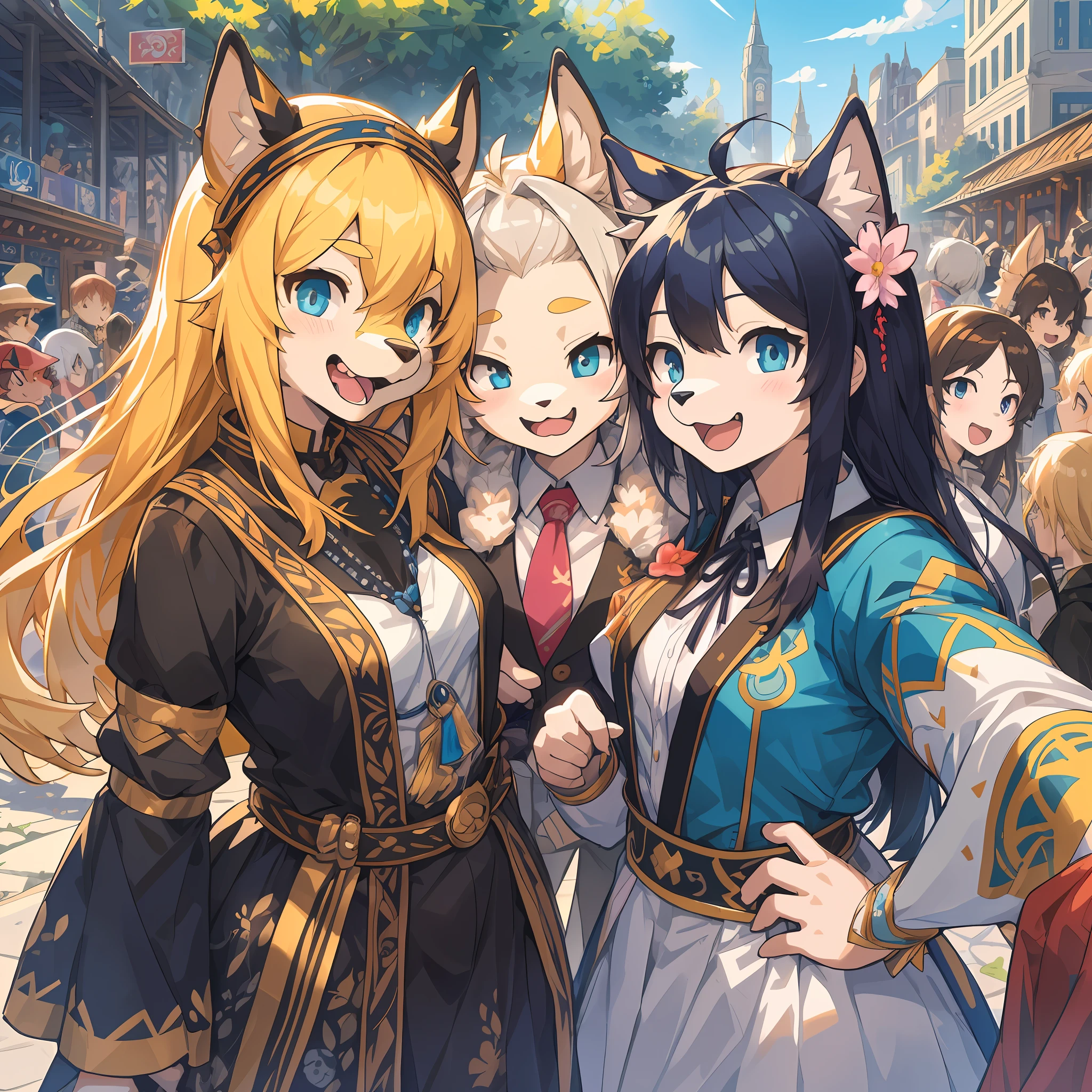 top quality, best quality, High-quality illustrations, masterpiece, super high resolution, detailed background, detailed background, Comiket, Cosplayers, group shot:0.5, 6+boys, 6+girls, Happy, joyful, absurdres(highly detailed beautiful face and eyes)perfect anatomy(Photos taken with friends)(kemono, furry anthro)selfie:0.5,