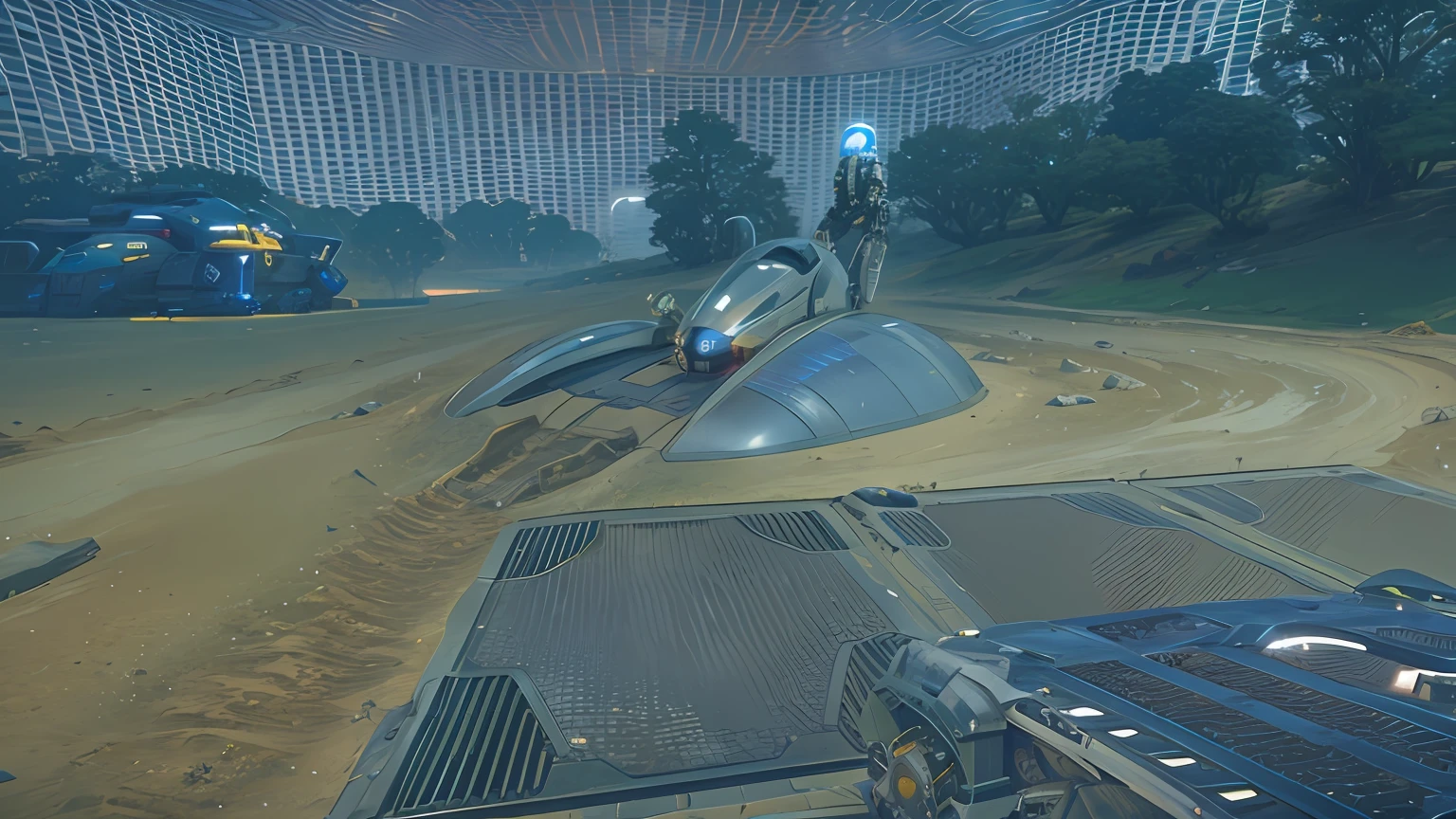 Motorcycle on dirt road, landed spaceship in background, riding a cyborg raptor, spaceship in background, Crashed spaceship!!, spaceship in background, discarded mechsuit in background, sitting on top of a cryopod, crashed ufo, Halo. rendering by octane, solarpunk hovercar, spaceship in a dry river bed, flying scifi vehicle