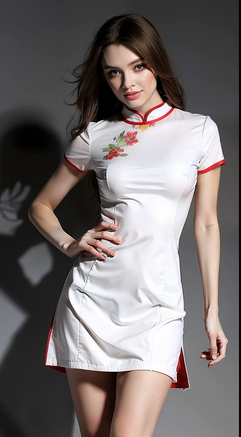 (Hyper Real), (illustratio), (A high resolution), (8K), (The is very detailed), (Most Best Illustration), (美丽细致的眼睛), (best qualtiy), (ultra - detailed), (tmasterpiece), (the wallpaper), (详细的脸),white clothes,Landscape painting cheongsam, 独奏, huge tit, The background is indoors,(camel-toe)