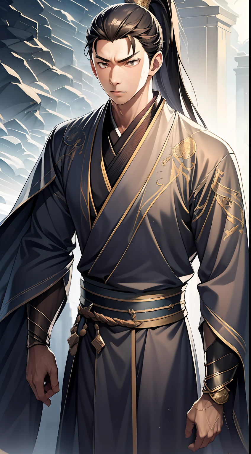 quadratic element,style of anime,mtu(Male Warrior),The proportions are correct,Face details,swordsmen,High ponytail hairstyle,Neck details,There is an Adam's apple,Black Hanfu,kaftan,Embroidered robes,Black robe,clothes details,Handing over,longer sleeves,Game quality,Swordsmanship,Light and shadow tracking,Ray traching,detailed glow,cg render,hair detail,long white hair,Black eyes,Handsome,Handsome,(juvenile sense),Clothing is complicated,Perfectcomposition,Refinement,high qulity,higher details,Lots of details,The background is complex,a sense of atmosphere,