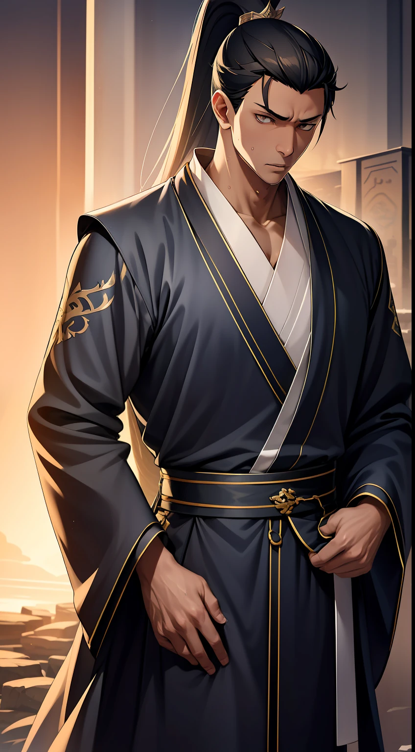quadratic element，style of anime，mtu（Male Warrior），The proportions are correct，Face details，swordsmen，High ponytail hairstyle，Neck details，There is an Adam's apple，Black Hanfu，kaftan，Embroidered robes，Black robe，clothes details，Handing over，longer sleeves，Game quality，Swordsmanship，Light and shadow tracking，Ray traching，detailed glow，cg render，hair detail，long  white hair，Black eyes，Handsome，Handsome，（juvenile sense），Clothing is complicated，Perfectcomposition，Refinement，high qulity，higher details，Lots of details，The background is complex，a sense of atmosphere，