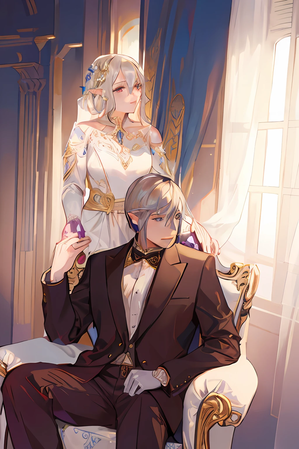 (1girl), elegant high elf bride with flowers on head, (1man), charming noble human man groom in fantasy armor, perfect face, detailed eyes, anatomical correct hands, sitting on a luxurious chair in a beautifully decorated room with flowing curtains, capturing a timeless moment of their wedding photo, fantasy castle background