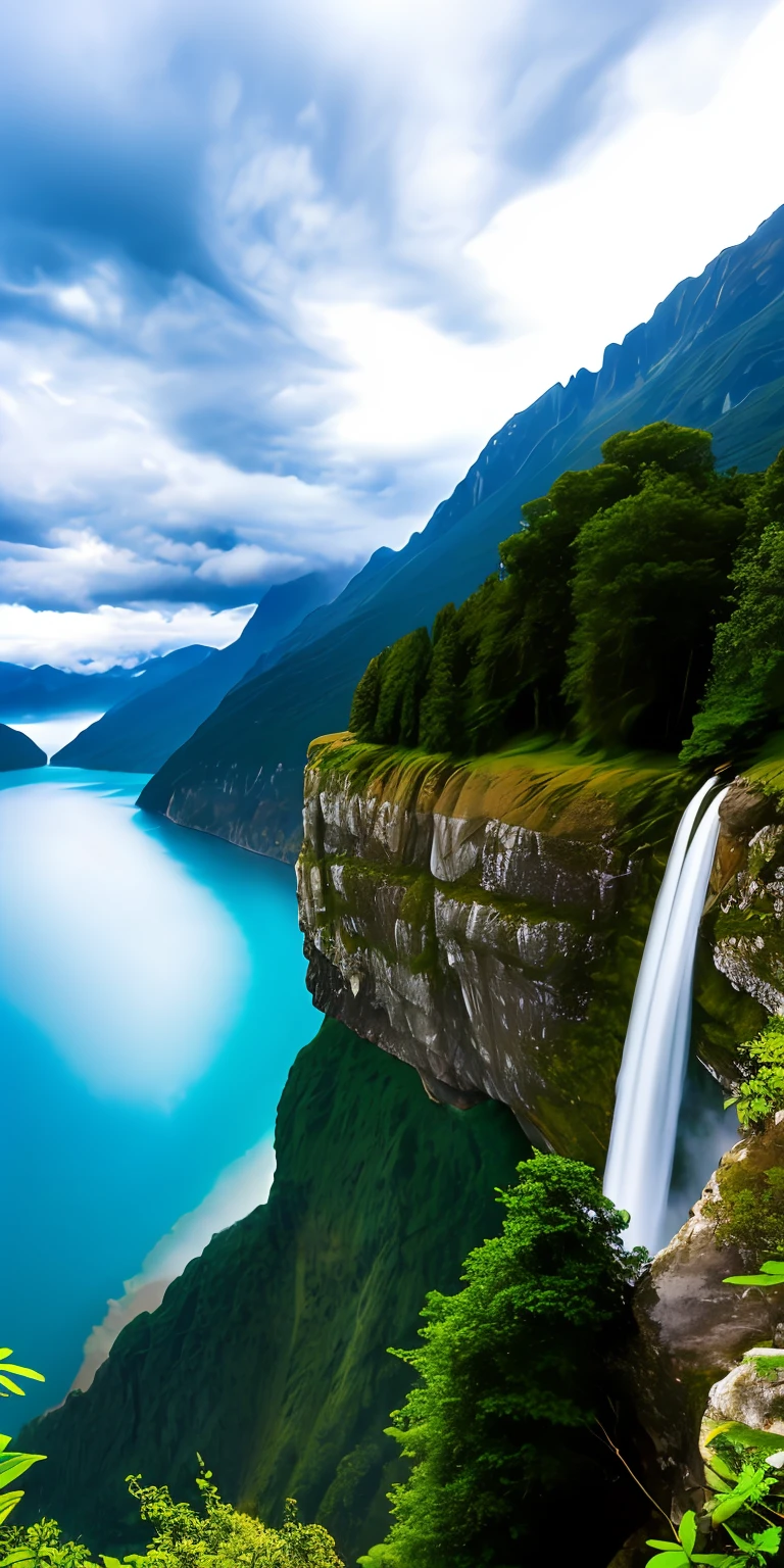 scenery, outdoor, sky, cloud, day, no humans, mountain, panorama, water, tree, blue sky, waterfall, cliff, nature, lake, river, cloudy sky
