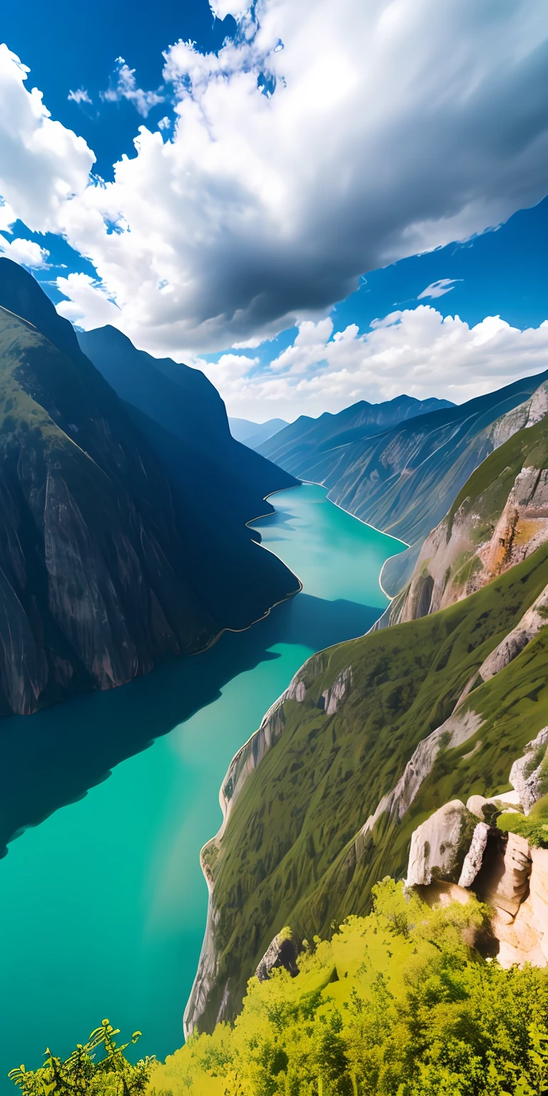 scenery, outdoor, sky, cloud, day, no humans, mountain, panorama, water, tree, blue sky, waterfall, cliff, nature, lake, river, cloudy sky