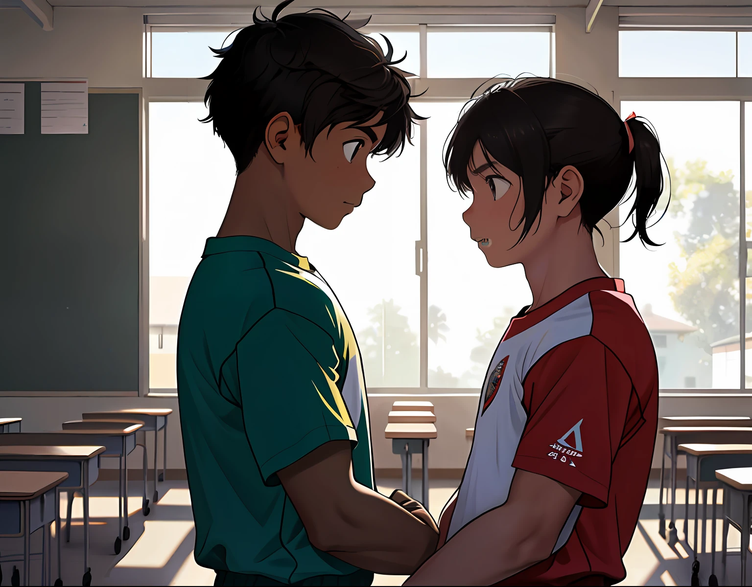 2children from , Parlero, dentro, (obra maestra, La mejor calidad, absurdos ), escuela,Classroom two shirtless kids are in school have sweatpants looking into each other's eyes sadly are in the sports room
