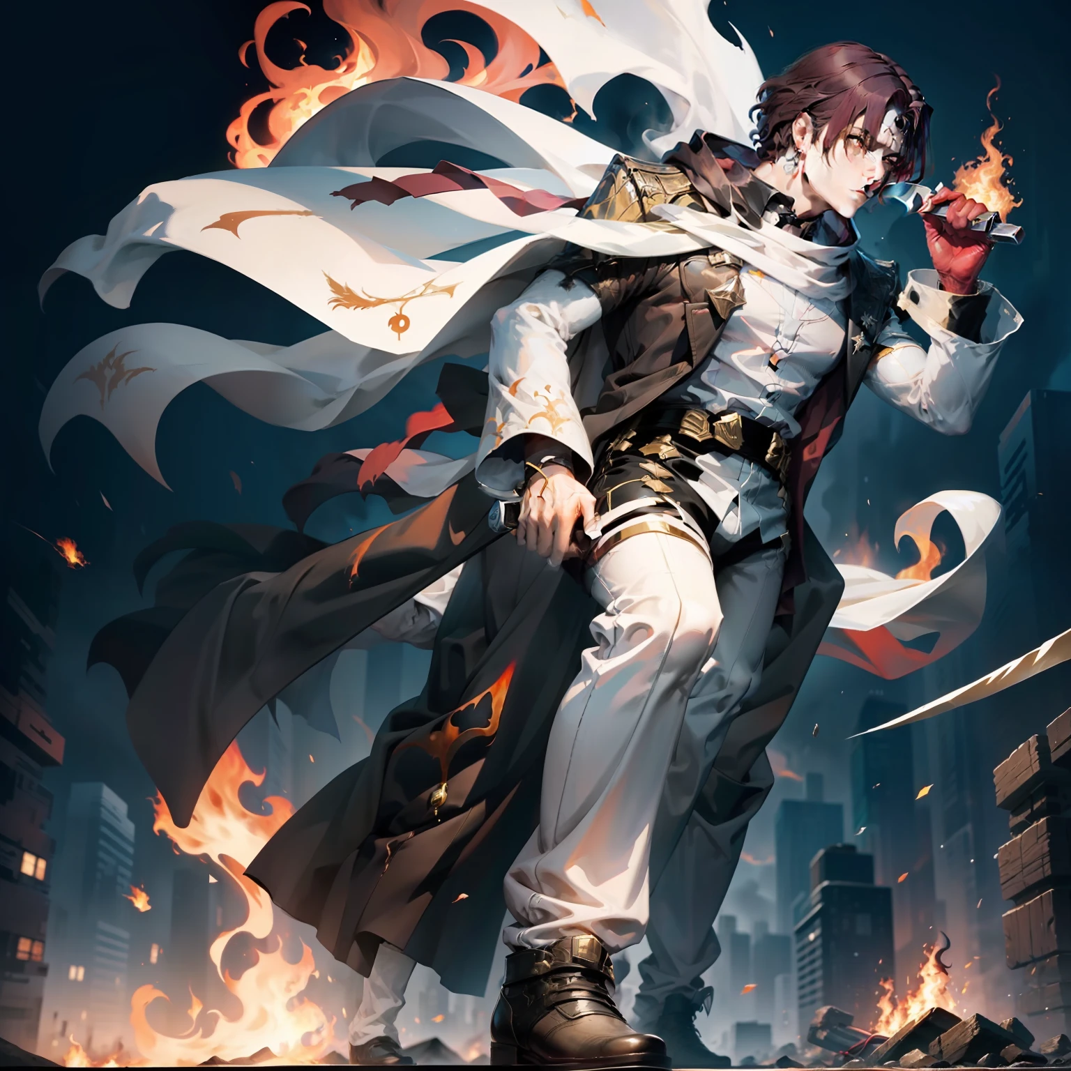 A black-haired man in a white robe and a white scarf holds a Tang knife,Behind the sky hovered a fire phoenix,A murderous look,condescending,Stepping on the corpse under the feet