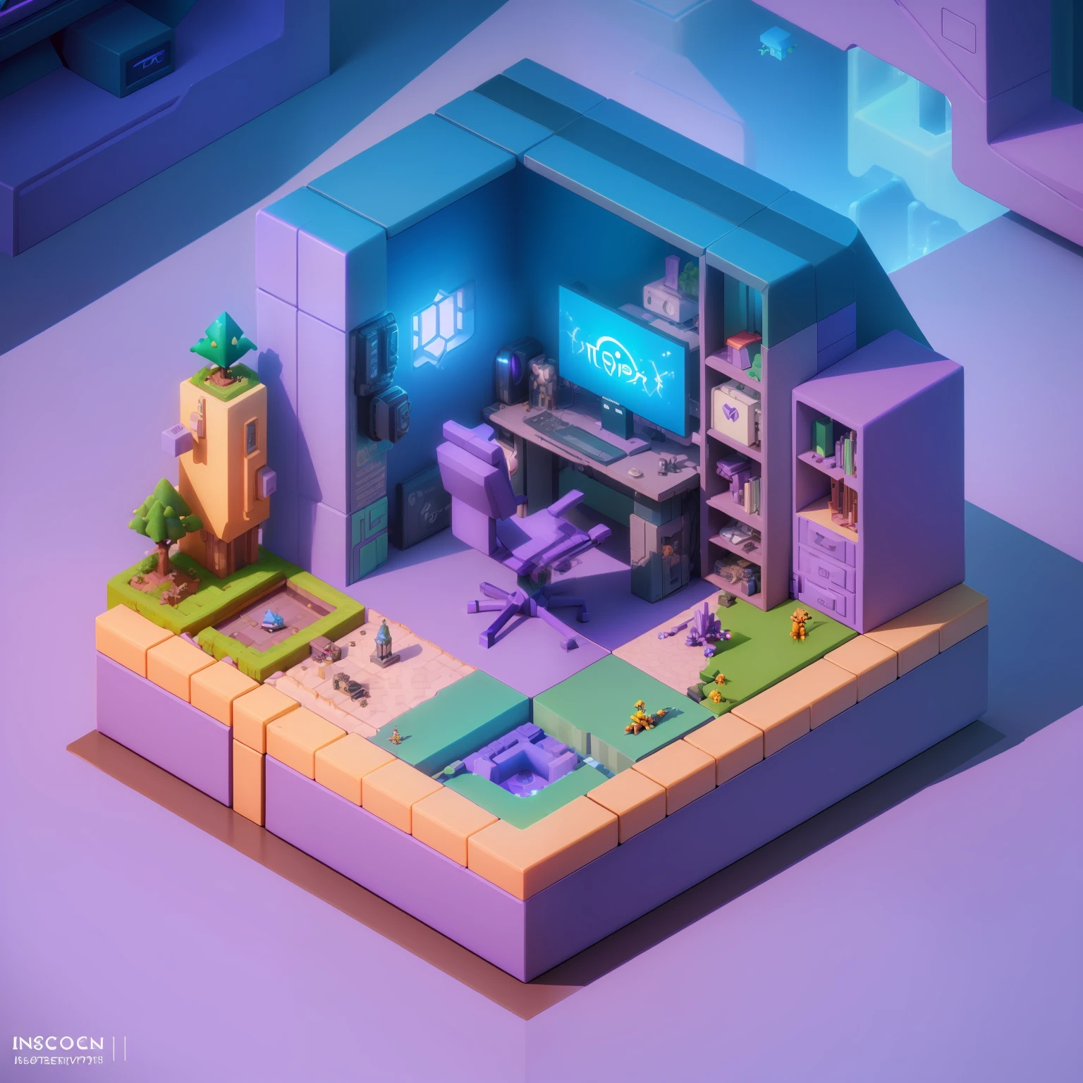 (Isometric perspective:1.5),(Pixar style:1.2), Room, monitor, desk, futuristic , sci-fi, cyberpunk , purple , 3D,Disney,Panoramic photo,White background, solid background,Global illumination, raytracing, modeling,HDR,octane render,unreal render,behance,dribbble,artstation,best quality, 8k,