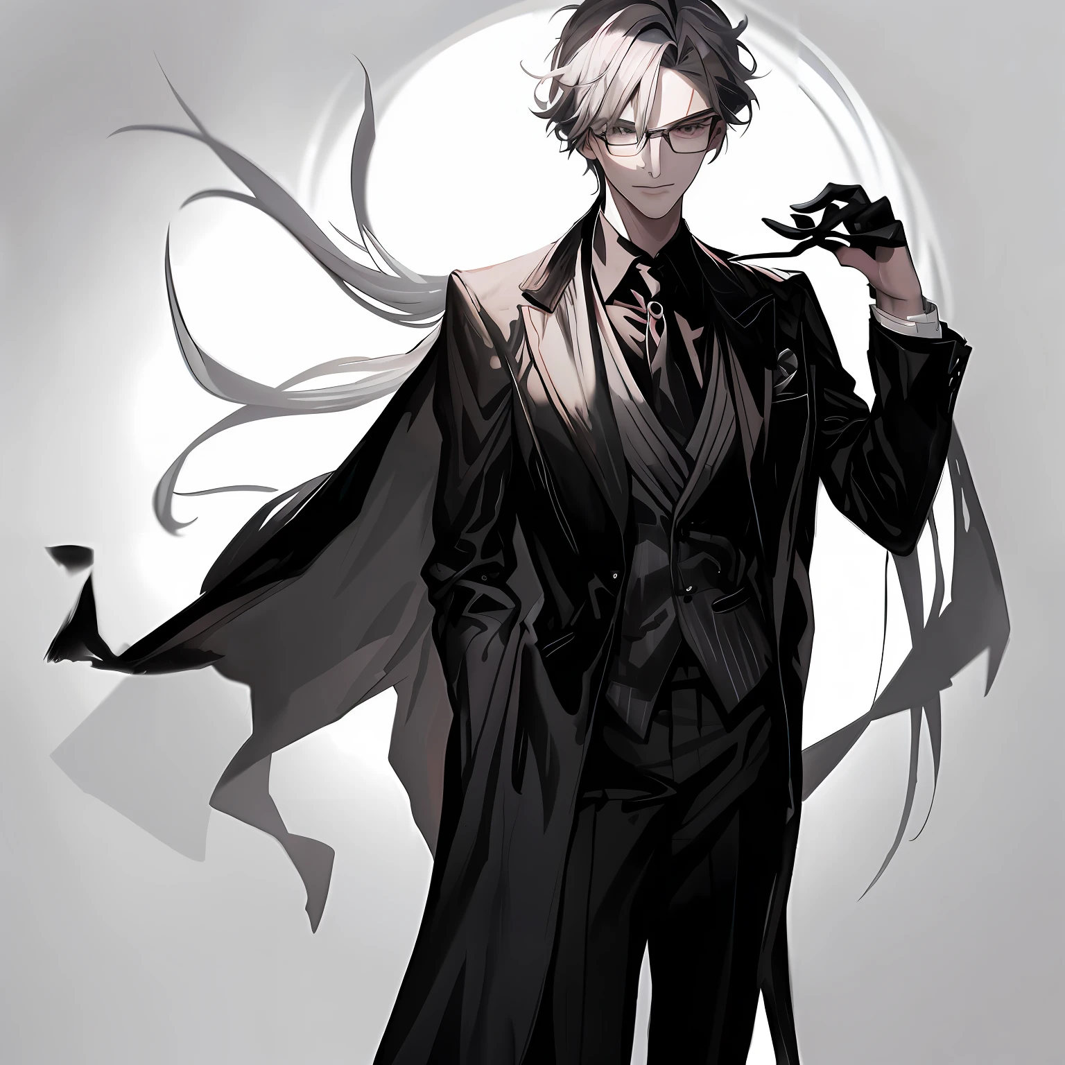 hyper-high detail，light grey hair，Black framed glasses man，Wearing a gorgeous black suit，Black leather shoes，A black blazer is draped over the body，Full body standing painting，DIABOLIK LOVERS PAINTING STYLE，Wears a gray vertical striped shirt and tie，Handsome looking anime characters, official character illustration, quadratic element