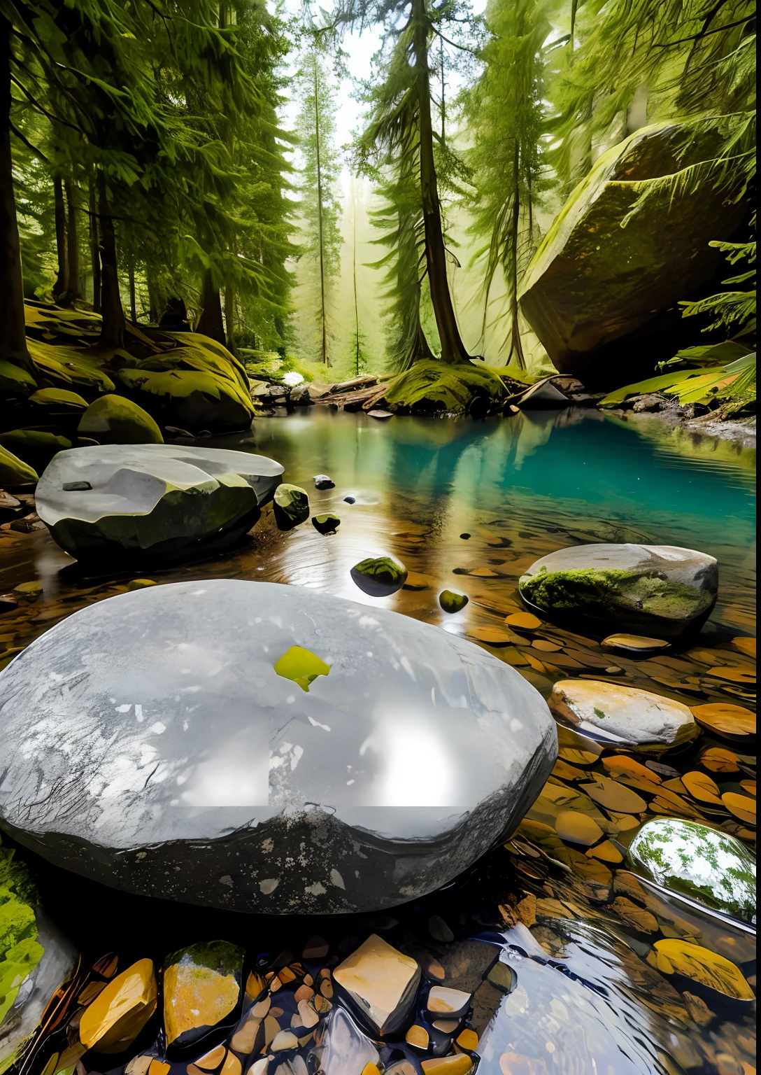 An imense rock accompanied by medium-sized rock in a forest near a lake (master piece)