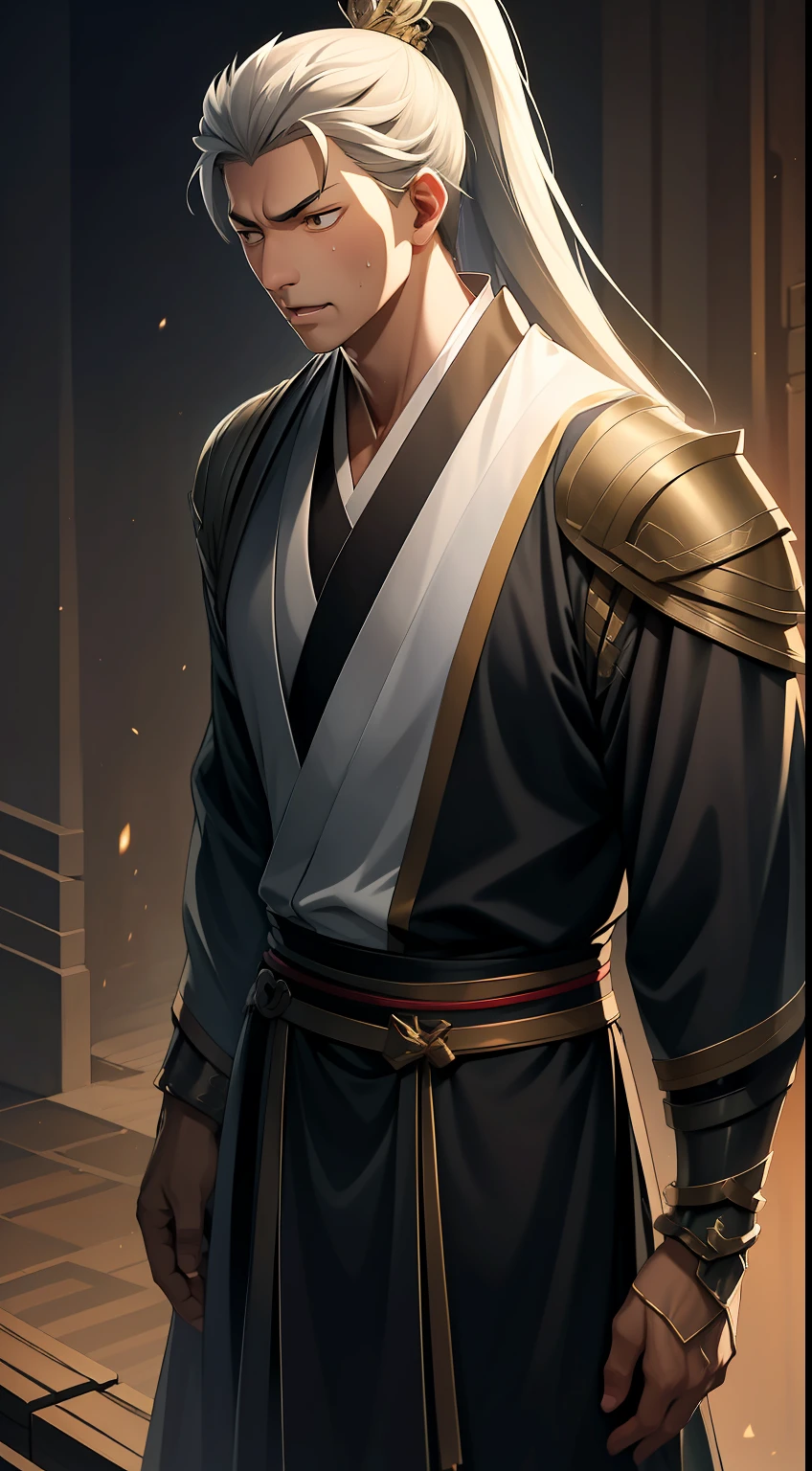 quadratic element,style of anime,mtu(Male Warrior),The proportions are correct,Face details,swordsmen,High ponytail hairstyle,Neck details,There is an Adam's apple,Black Hanfu,kaftan,Embroidered robes,Black robe,clothes details,Handing over,longer sleeves,Game quality,Swordsmanship,Light and shadow tracking,Ray traching,detailed glow,cg render,hair detail,long white hair,Black eyes,Handsome,Handsome,(juvenile sense),Clothing is complicated,Perfectcomposition,Refinement,high qulity,higher details,Lots of details,The background is complex,a sense of atmosphere,