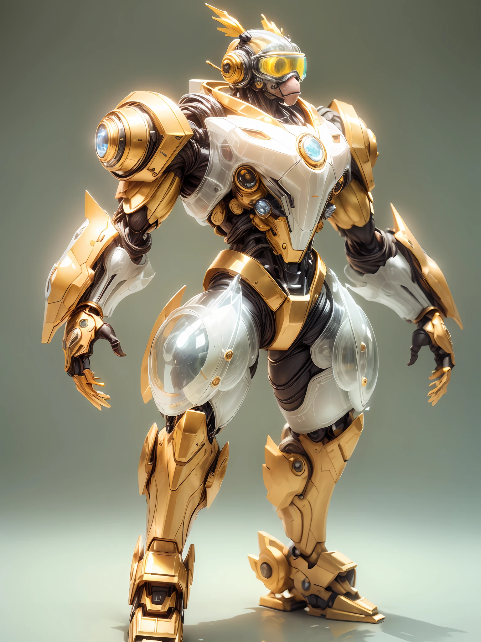 (anthropomorphism:1.5),(Full Body Shot), 1 Colored Transparent monkey mecha(Mechanical style Colored Transparent monkey head, Exquisite Helmet:1.2, glowing goggles:1.2, muscular limbs, muscular body), Standing on two legs, nobody,Colored Transparent plastic, Cyberpunk, Dreamy Glow,clean,white background, ( Global illumination, raytracing, HDR, unreal render,reasonable design, high detailed, masterpiece, best quality, UHD, Cinematic Lighting)