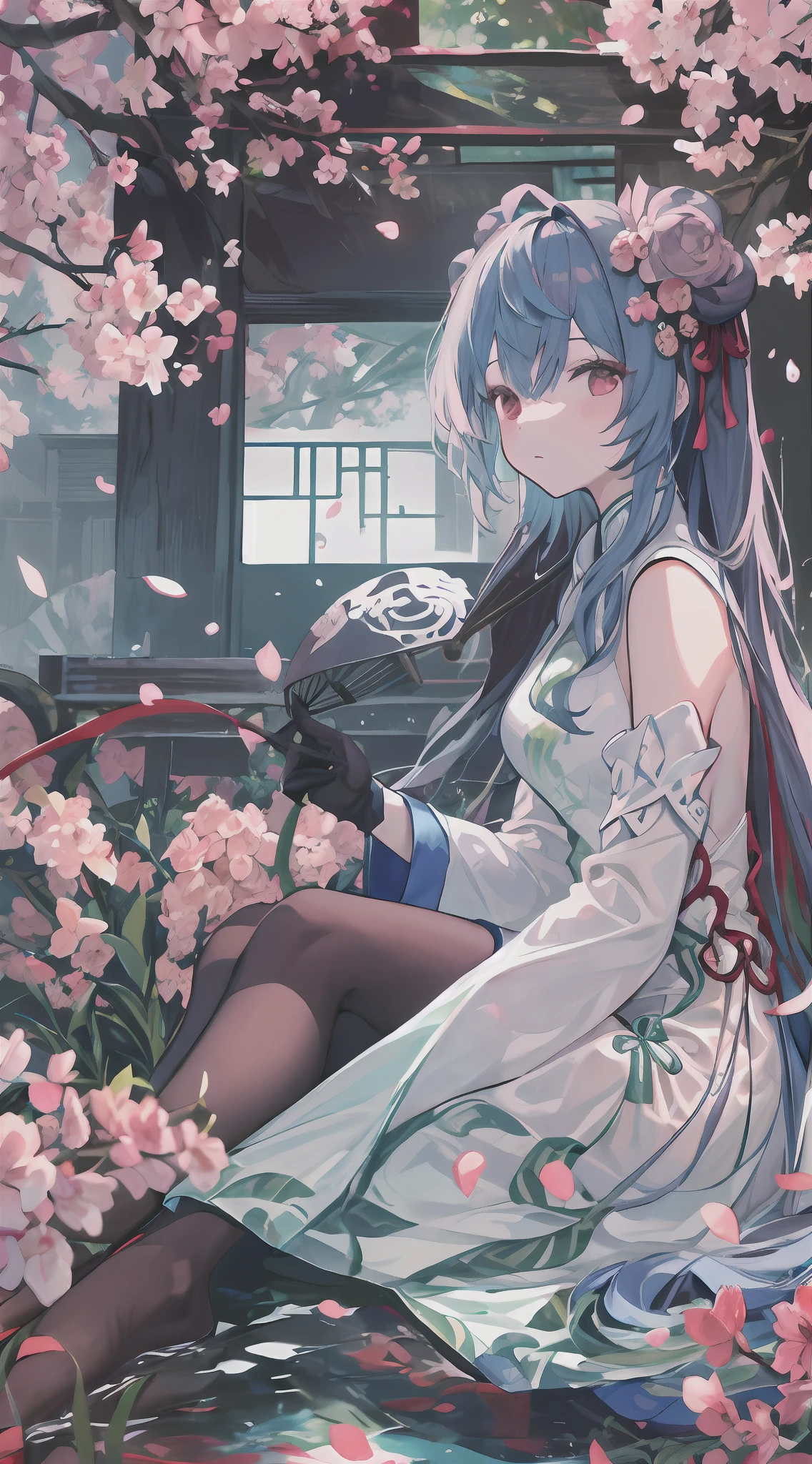 Top quality, Ink painting style, Fresh and elegant, Clear lake water，In the setting sun，Cherry blossom petals fall quietly, Girl in pure white cheongsam, holding folding fan，A gentle breeze ruffles the hair, In the woods dotted with green leaves, Birds chirp happily, A poetic scene