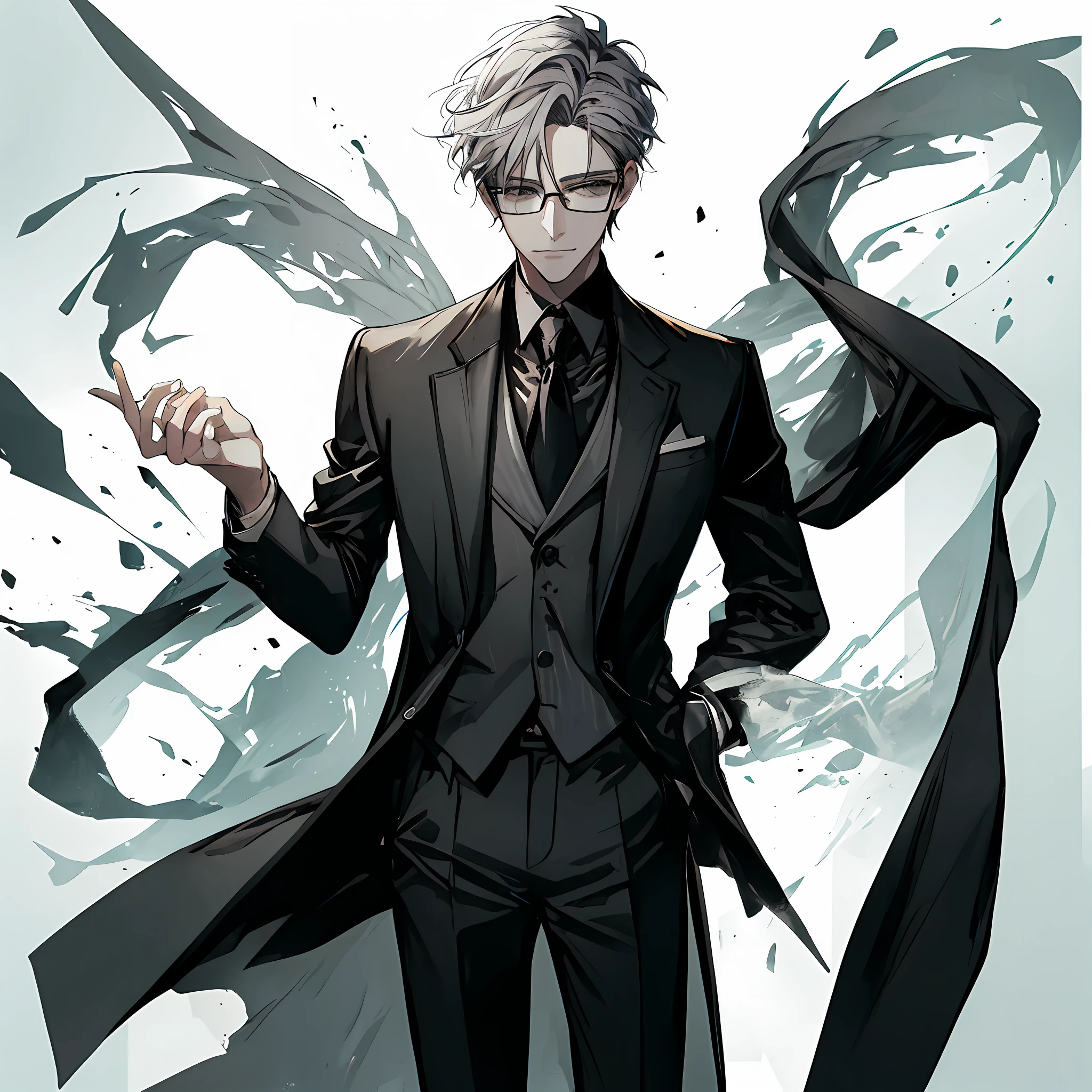 hyper-high detail，light grey hair，Black framed glasses men，Wearing a gorgeous black suit，Black leather shoes，black cloaths，Standing painting，darkly，Wear a gray shirt and tie，Handsome anime characters, official character illustration, quadratic element，