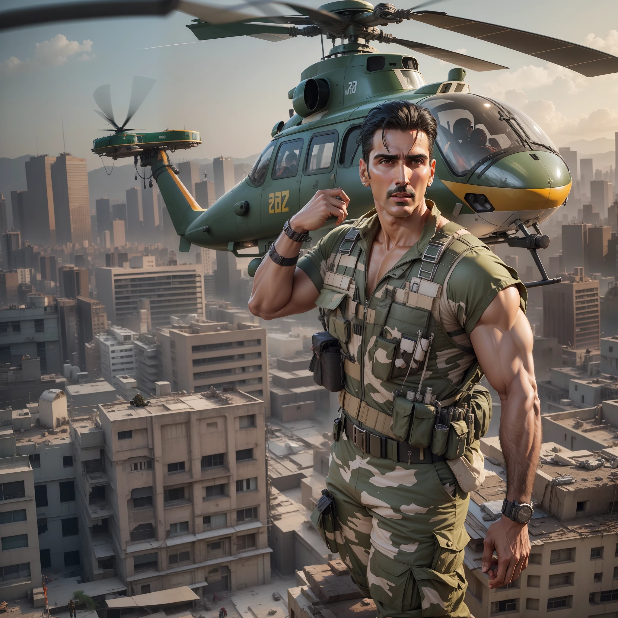 Akshay Kumar standing at top of the build ing with helocopter , Akshay Kumar in commando dress, cenematic lights, ultra realistic, hd smooth,